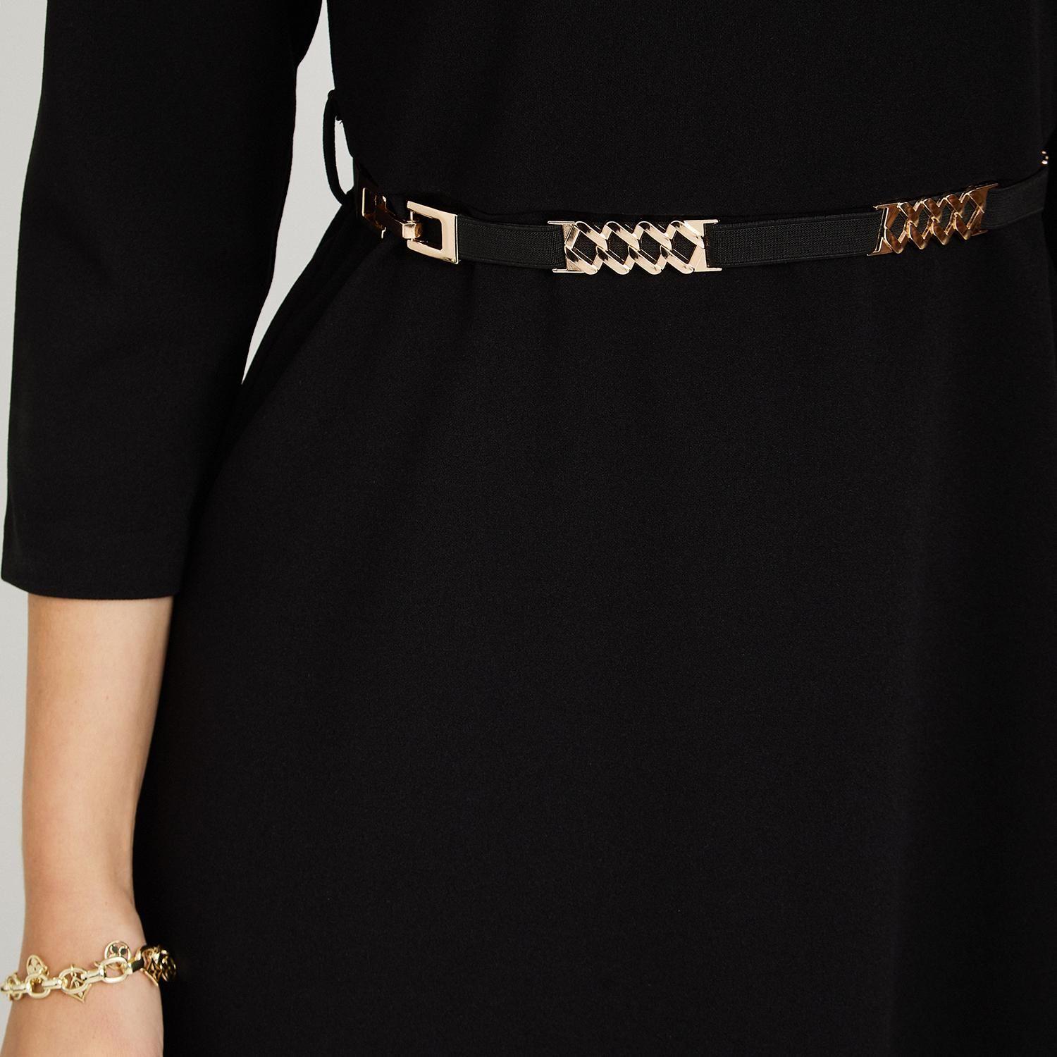 Vestido Corto Manga 3/4 con Cinturón Metálico Negro-2
