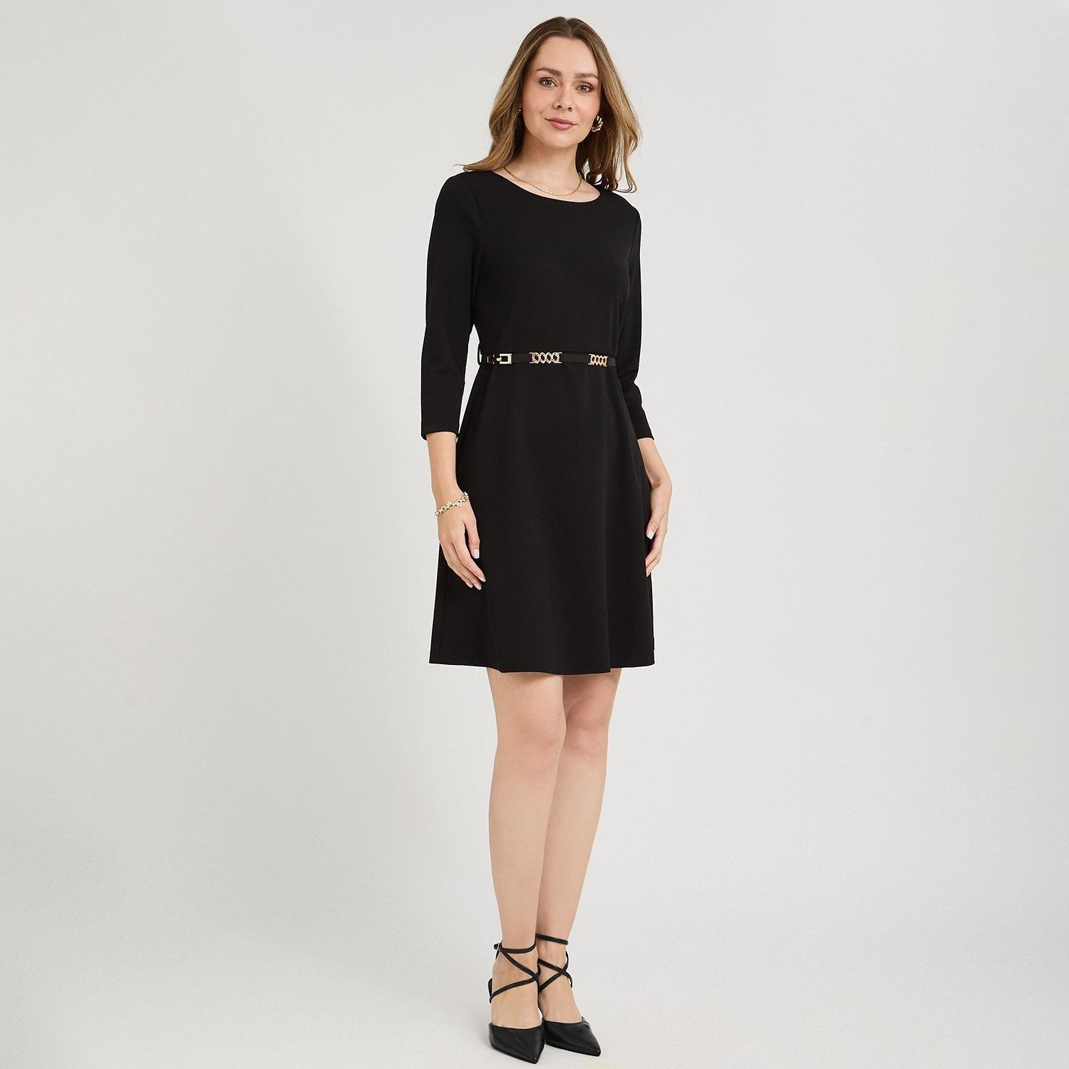 Vestido Corto Manga 3/4 con Cinturón Metálico Negro-3