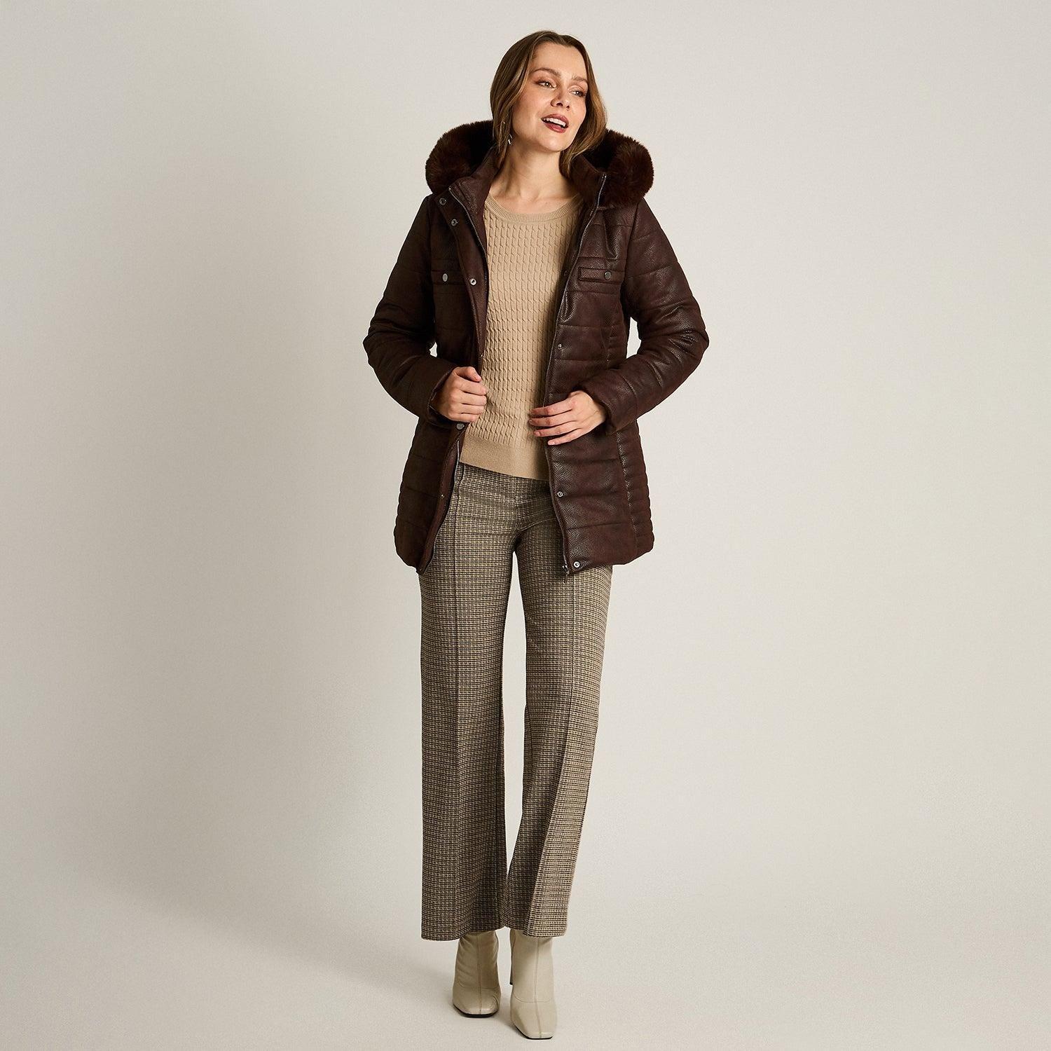 Parka Café Suede Texturizado con Gorro Peludo y Forro-2