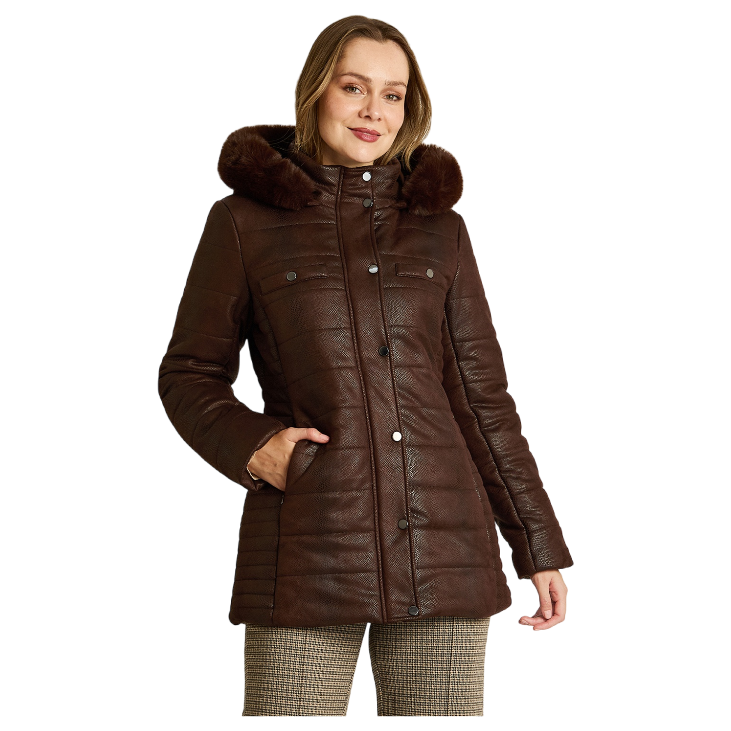 Parka Café Suede Texturizado con Gorro Peludo y Forro-0
