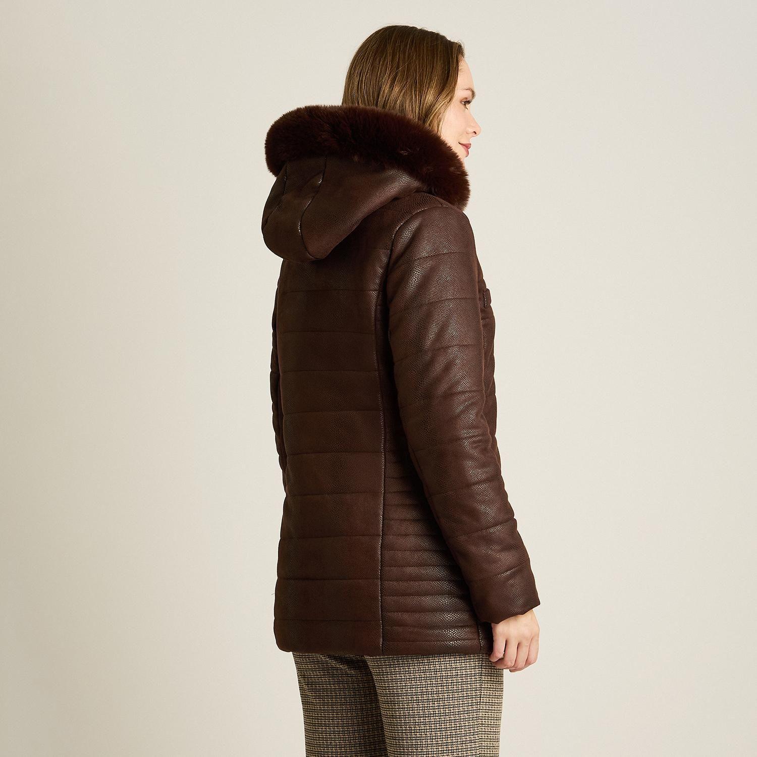 Parka Café Suede Texturizado con Gorro Peludo y Forro-1