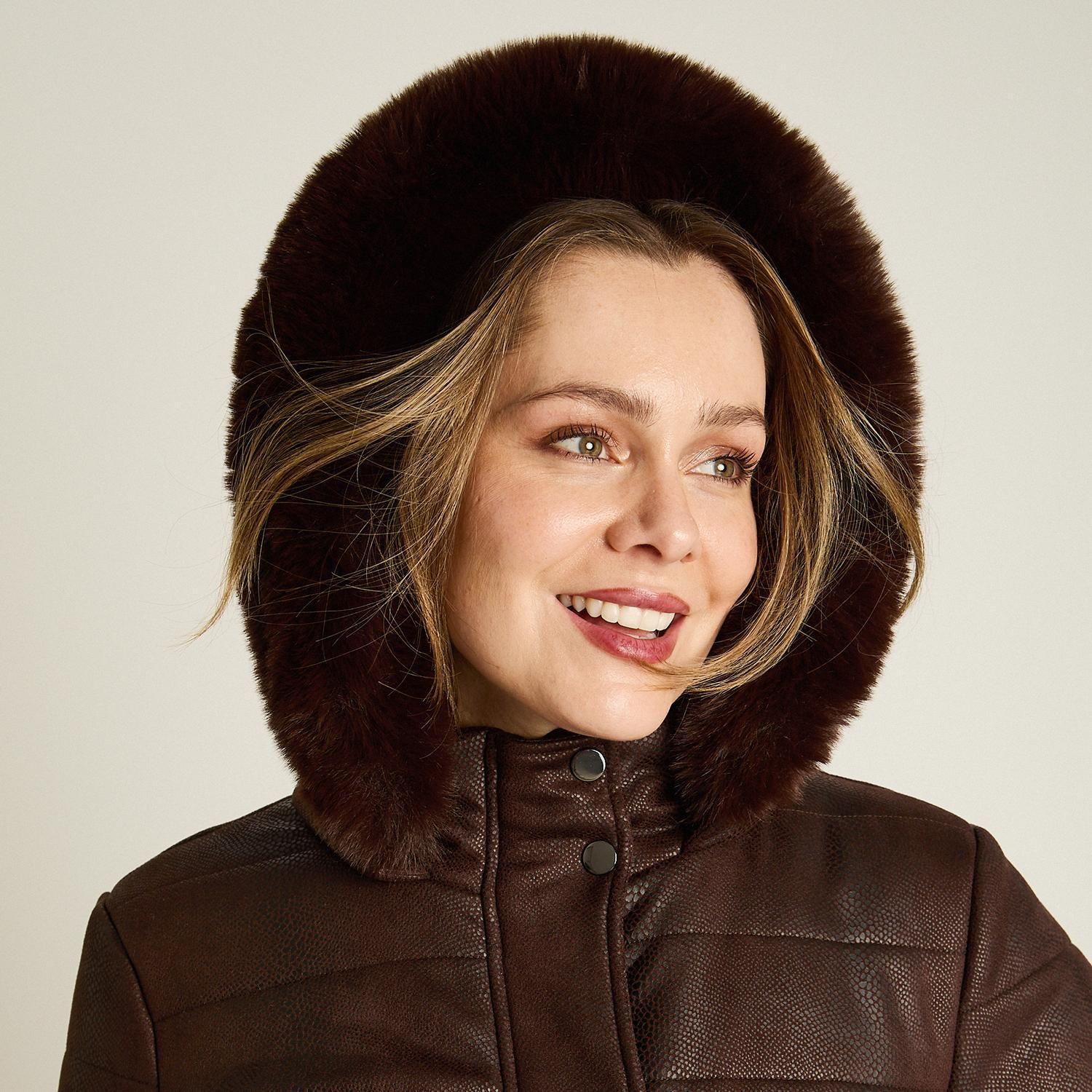 Parka Café Suede Texturizado con Gorro Peludo y Forro-2