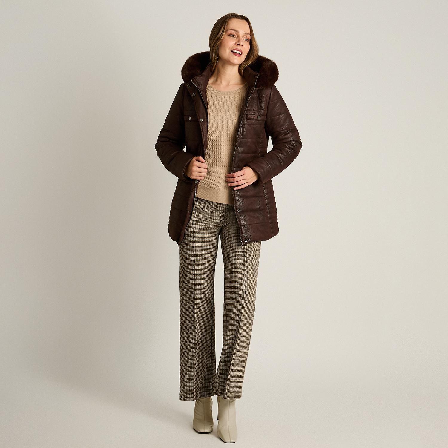 Parka Café Suede Texturizado con Gorro Peludo y Forro-3