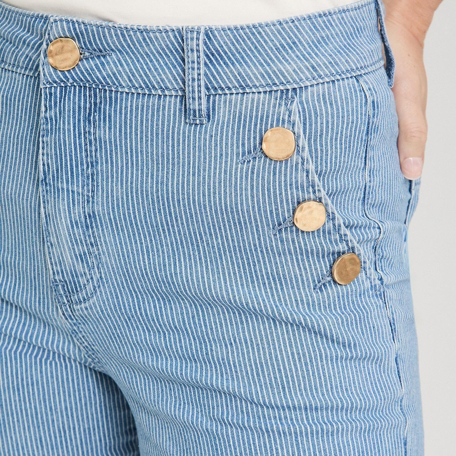 Jeans Culotte Listado con Botones Decorativos en Bolsillo Azul-2