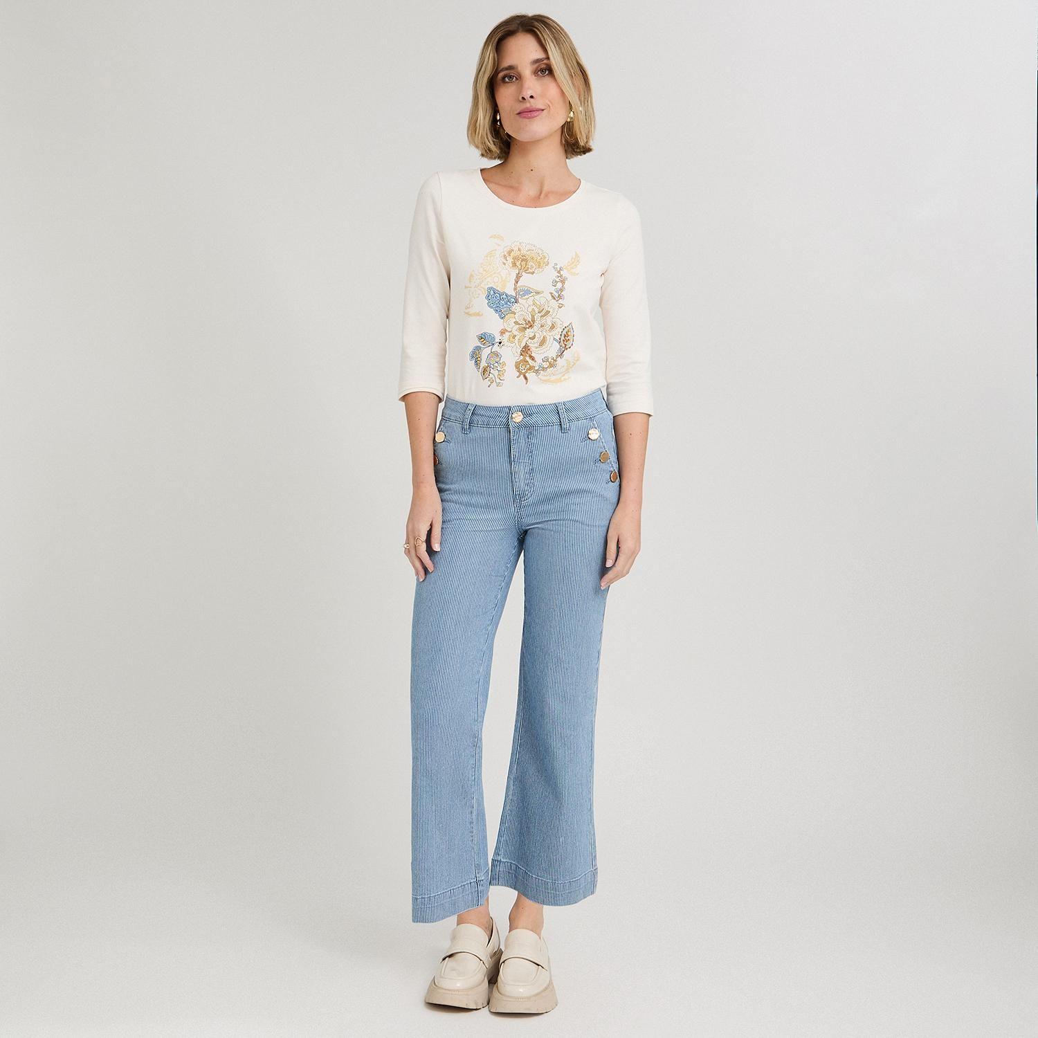 Jeans Culotte Listado con Botones Decorativos en Bolsillo Azul-3
