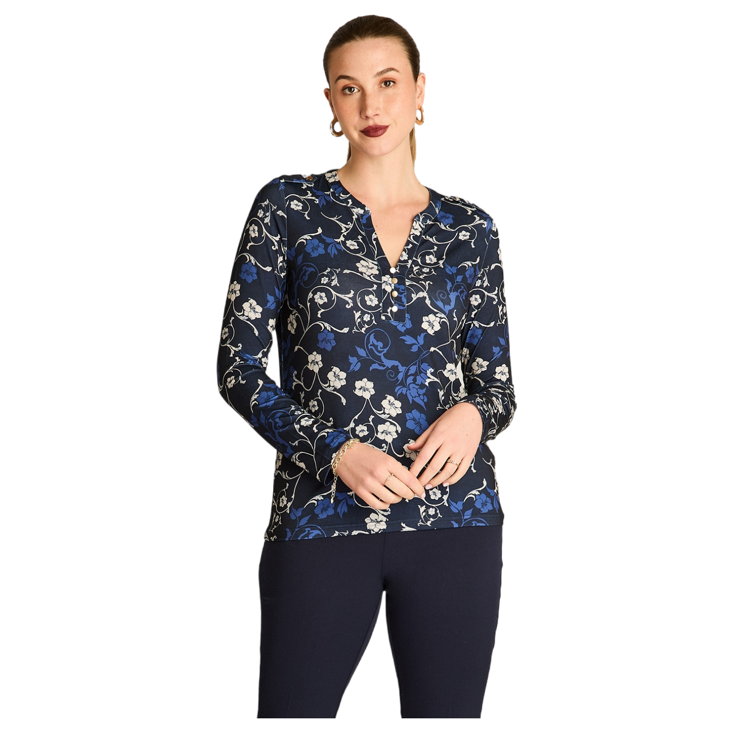 Polera Azul Estampada Manga Larga con Escote Mao-0