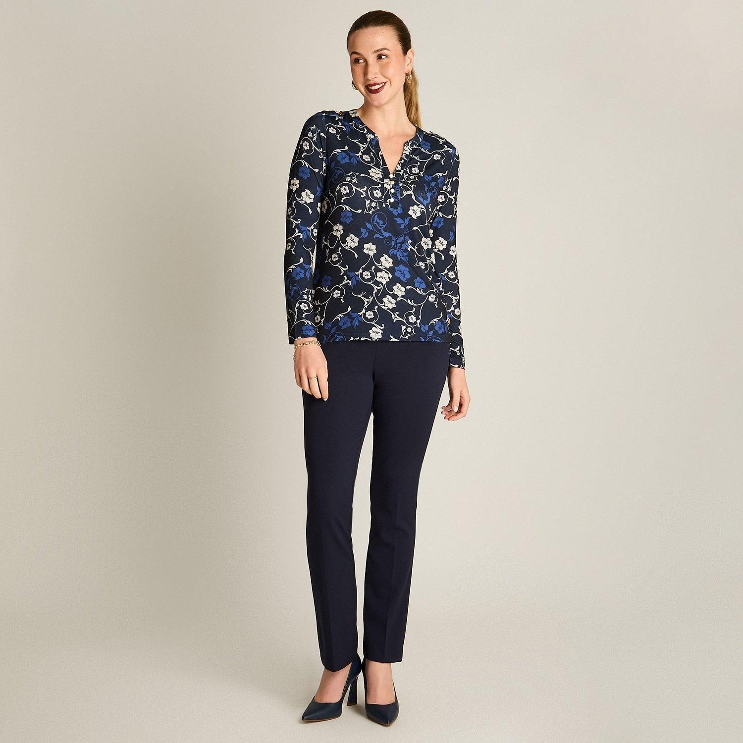 Polera Azul Estampada Manga Larga con Escote Mao-3