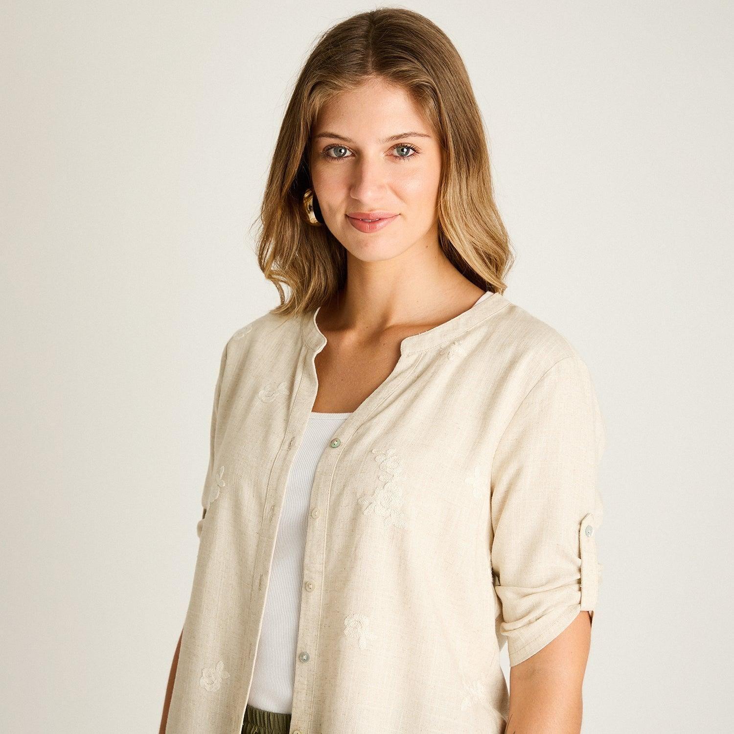 Blusa Beige Manga 3/4 No Elasticado Sin Forro Calce Normal-2
