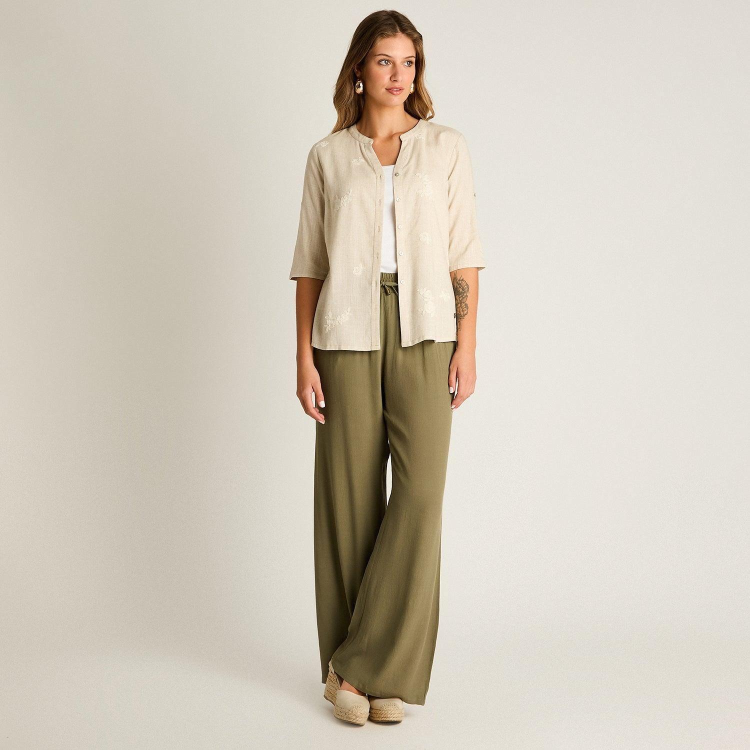 Blusa Beige Manga 3/4 No Elasticado Sin Forro Calce Normal-3