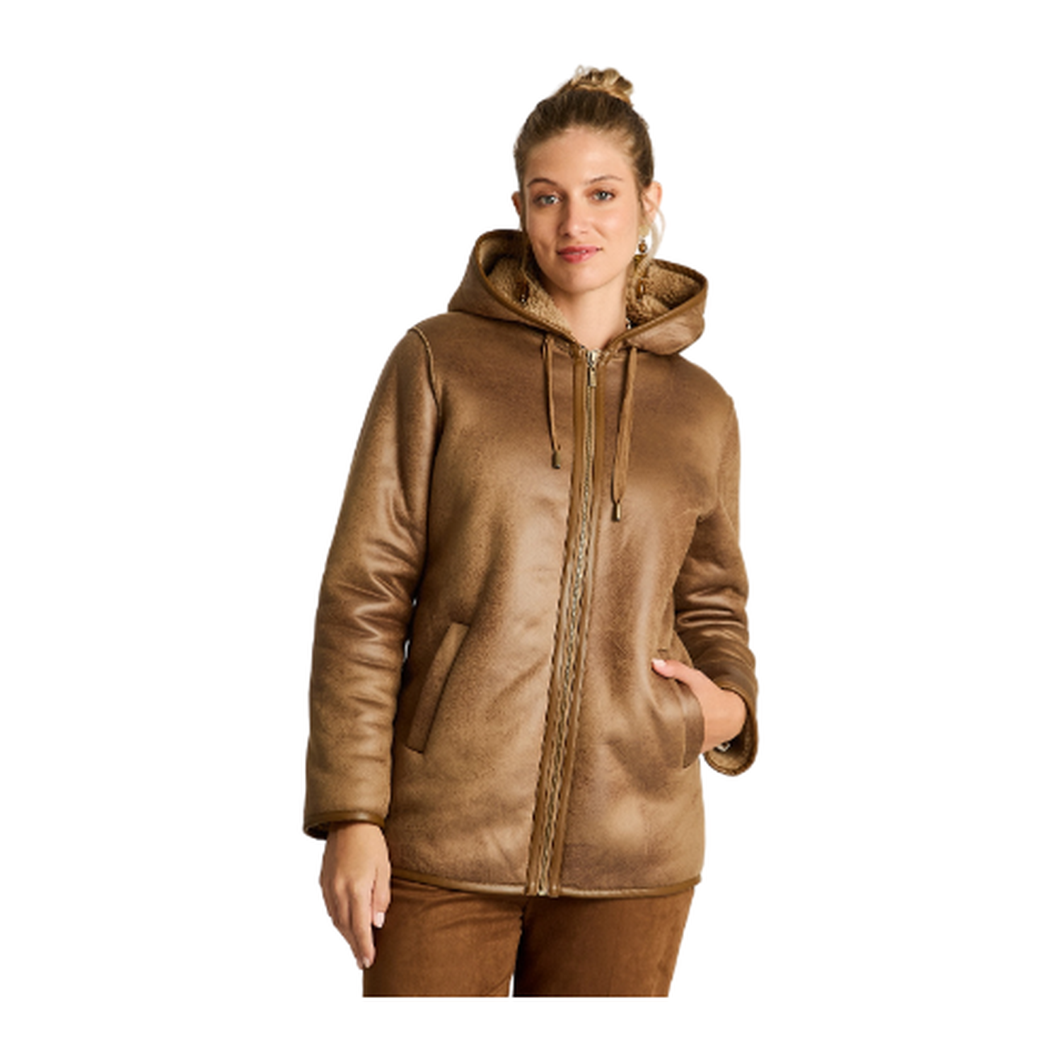 Chaqueta Camel de Ecocuero con Gorro y Forro Sherpa-0