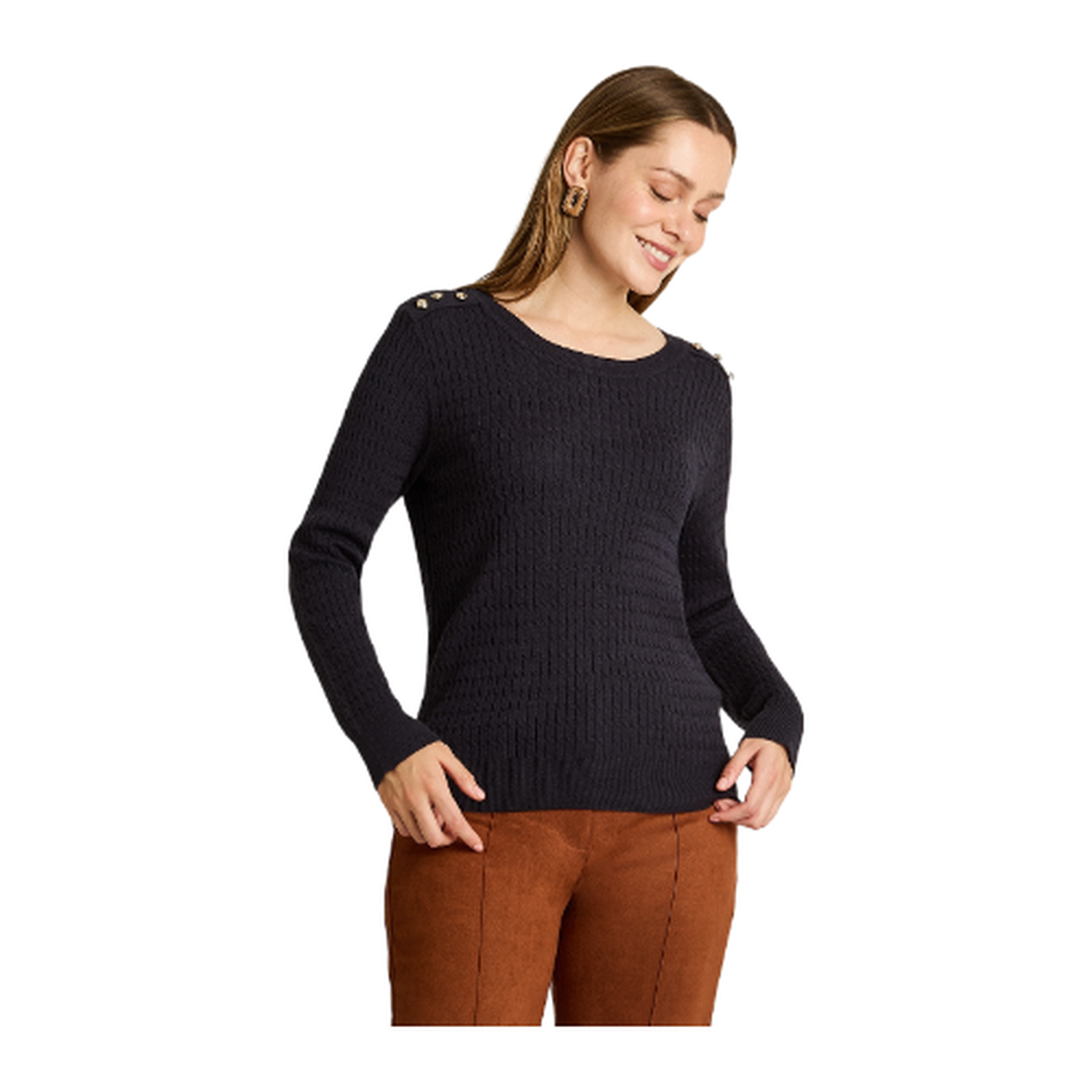 Sweater Azul Marino con Trenzado en Relieve y Botones Dorados en Hombro-0