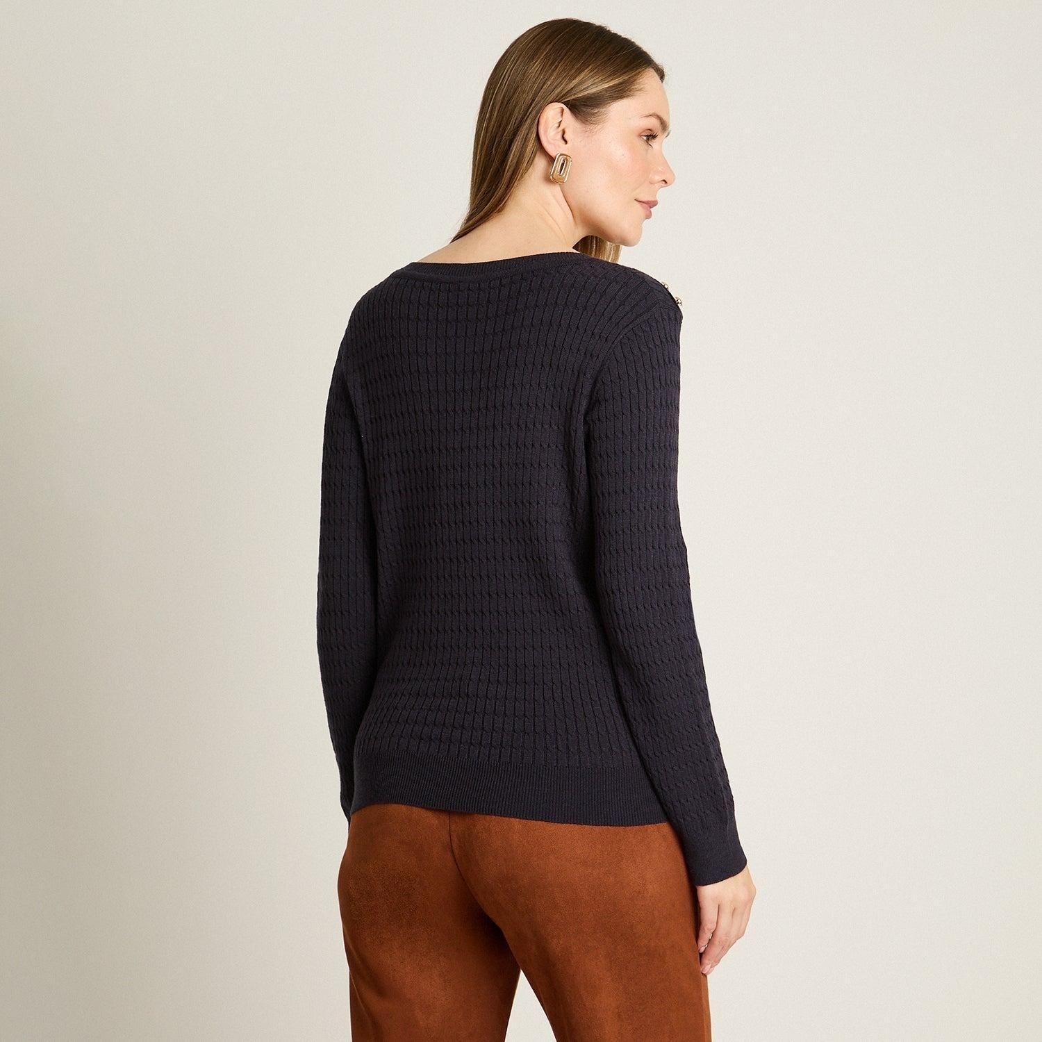 Sweater Azul Marino con Trenzado en Relieve y Botones Dorados en Hombro-1