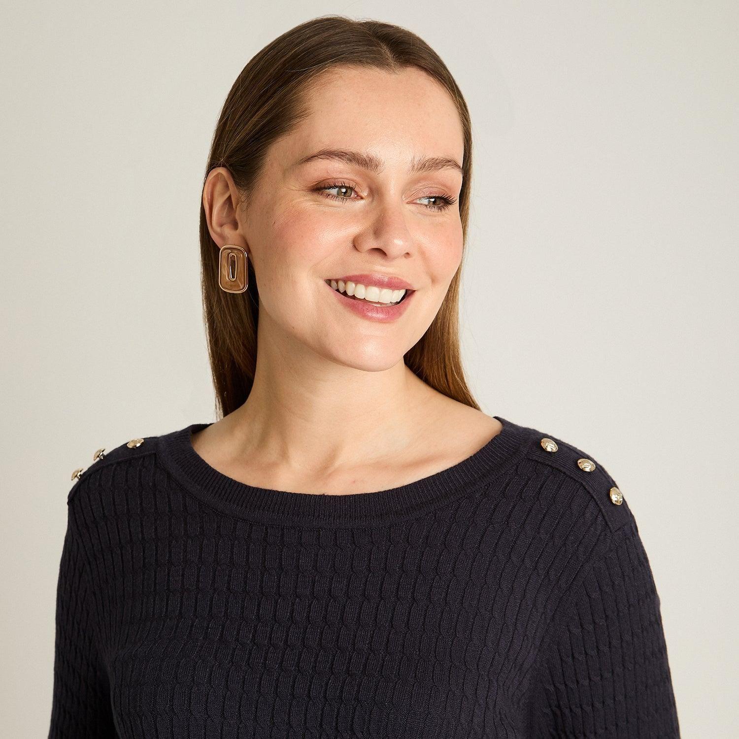 Sweater Azul Marino con Trenzado en Relieve y Botones Dorados en Hombro-2