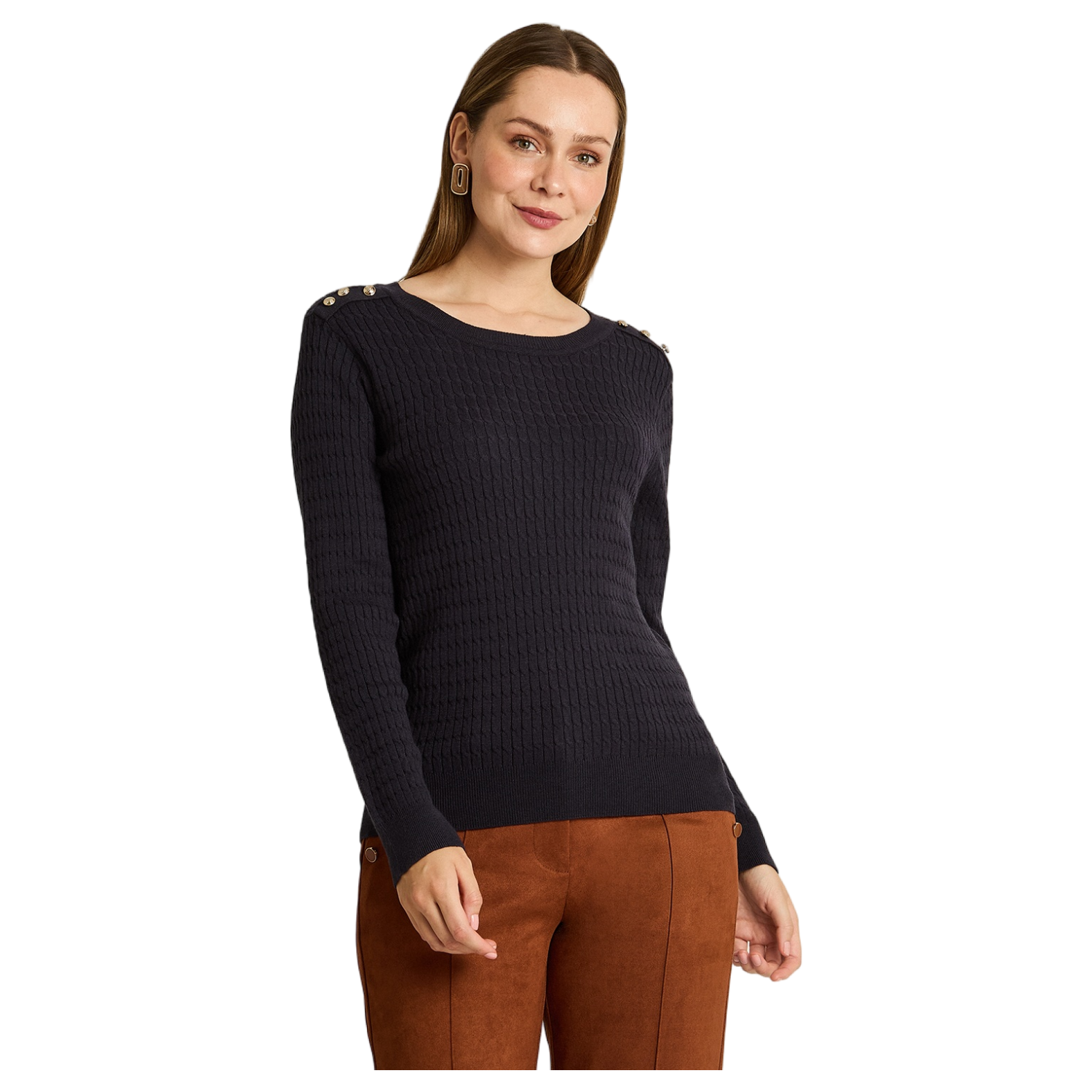 Sweater Azul Marino con Trenzado en Relieve y Botones Dorados en Hombro-0