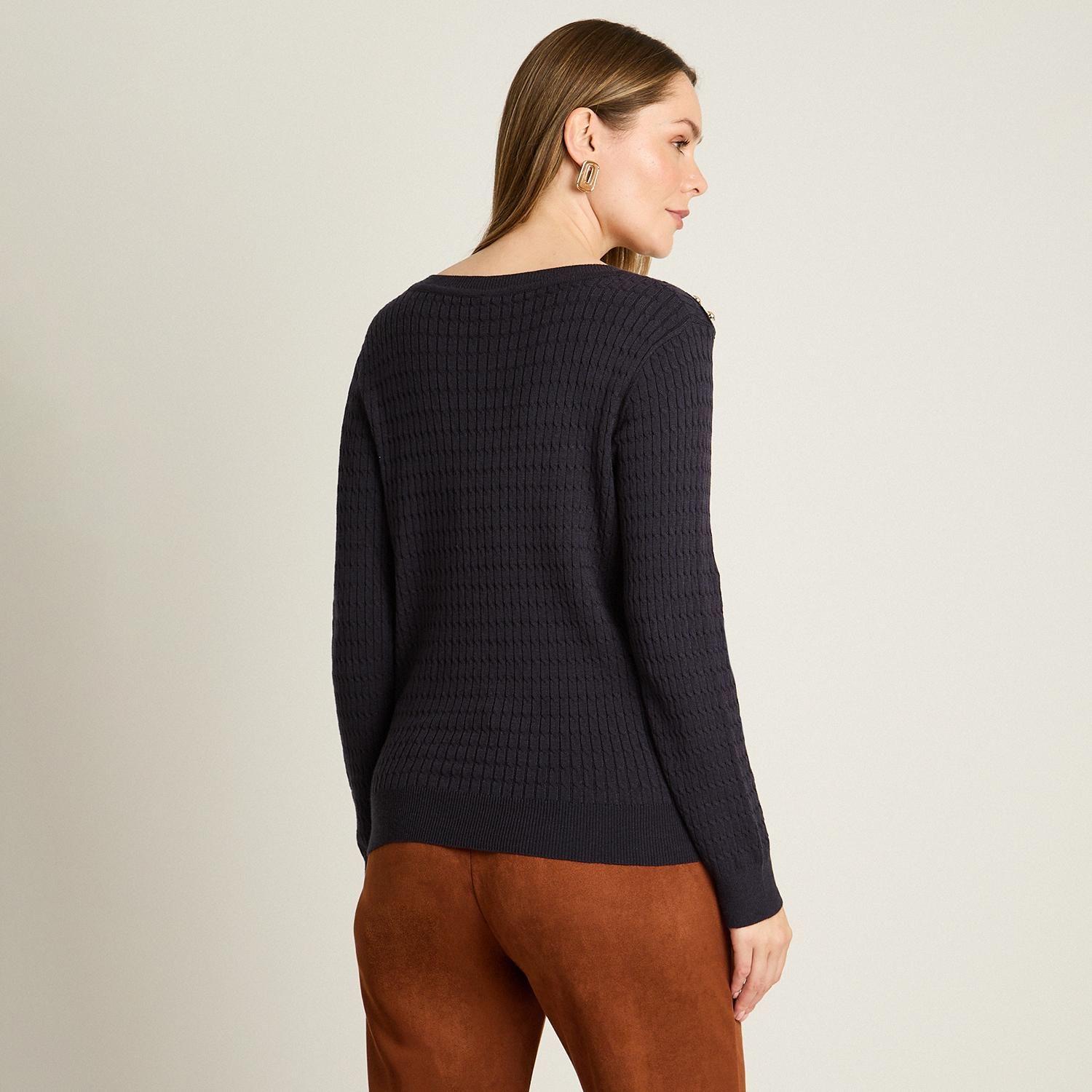 Sweater Azul Marino con Trenzado en Relieve y Botones Dorados en Hombro-1