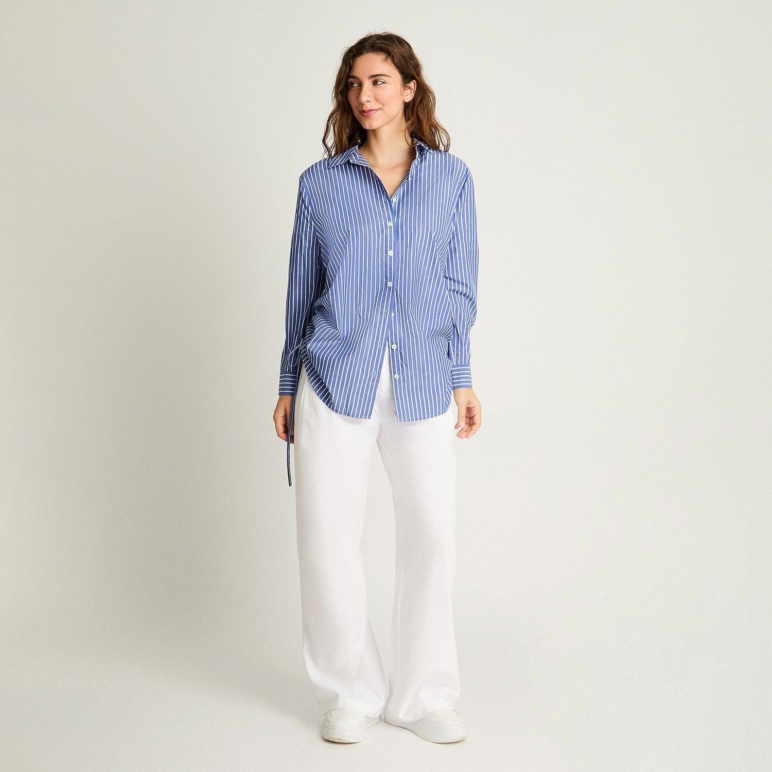 Blusa Camisera Manga Larga Rayada Celeste-3