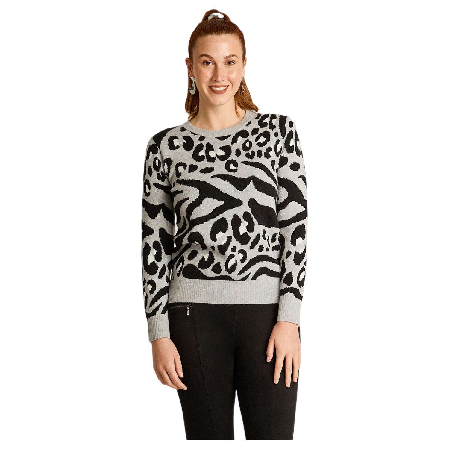 Sweater Gris con Estampado Animal Print Jacquard en Tejido-0