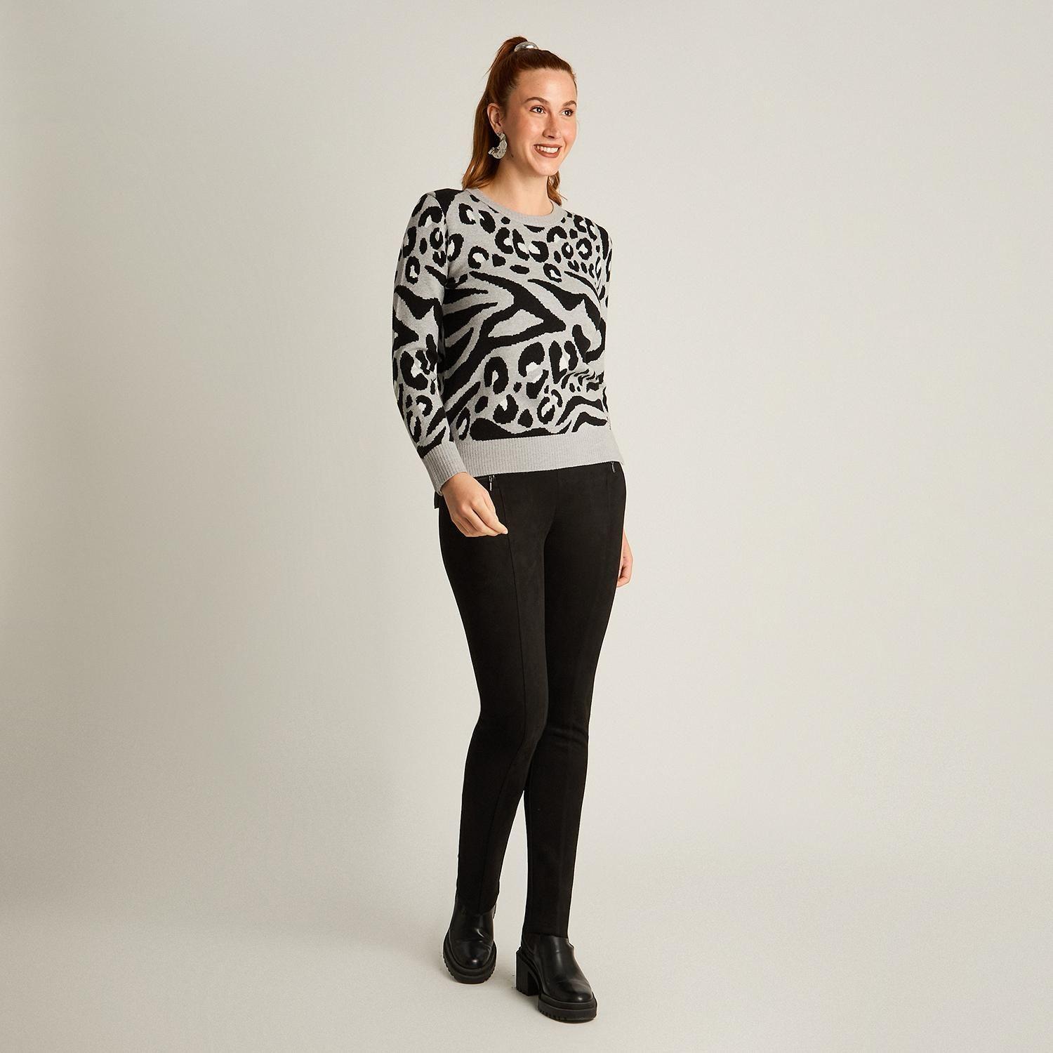 Sweater Gris con Estampado Animal Print Jacquard en Tejido-3