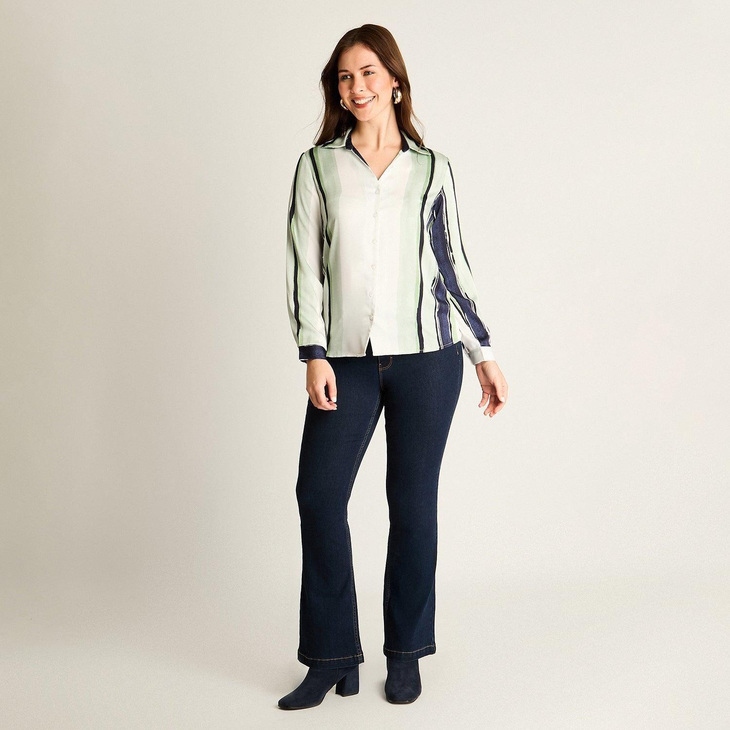Blusa Menta Rayada con Estilo Camisero-3