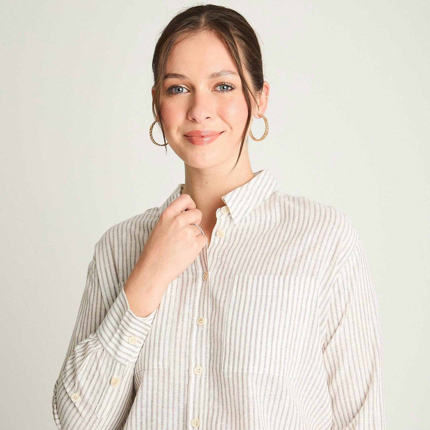 Blusa Manga Larga Rayada Con Lurex Beige-2