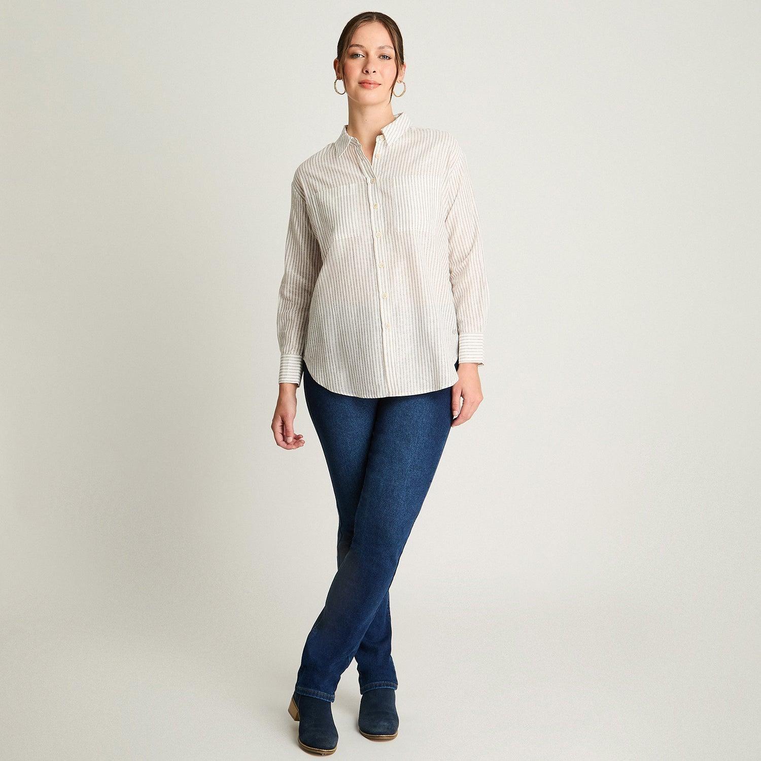 Blusa Manga Larga Rayada Con Lurex Beige-3