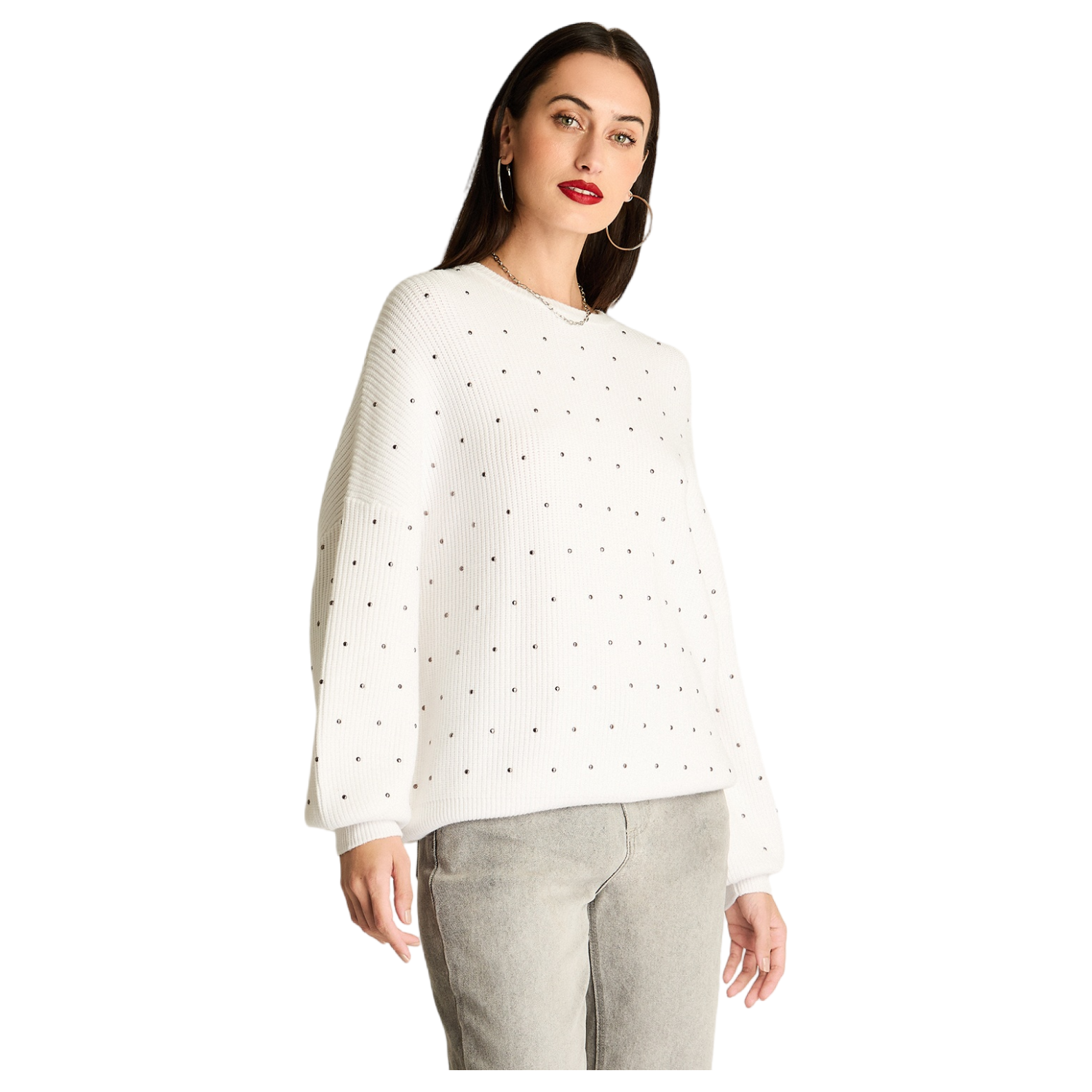 Tejido Cuello Mock Con Strass Blanco-0