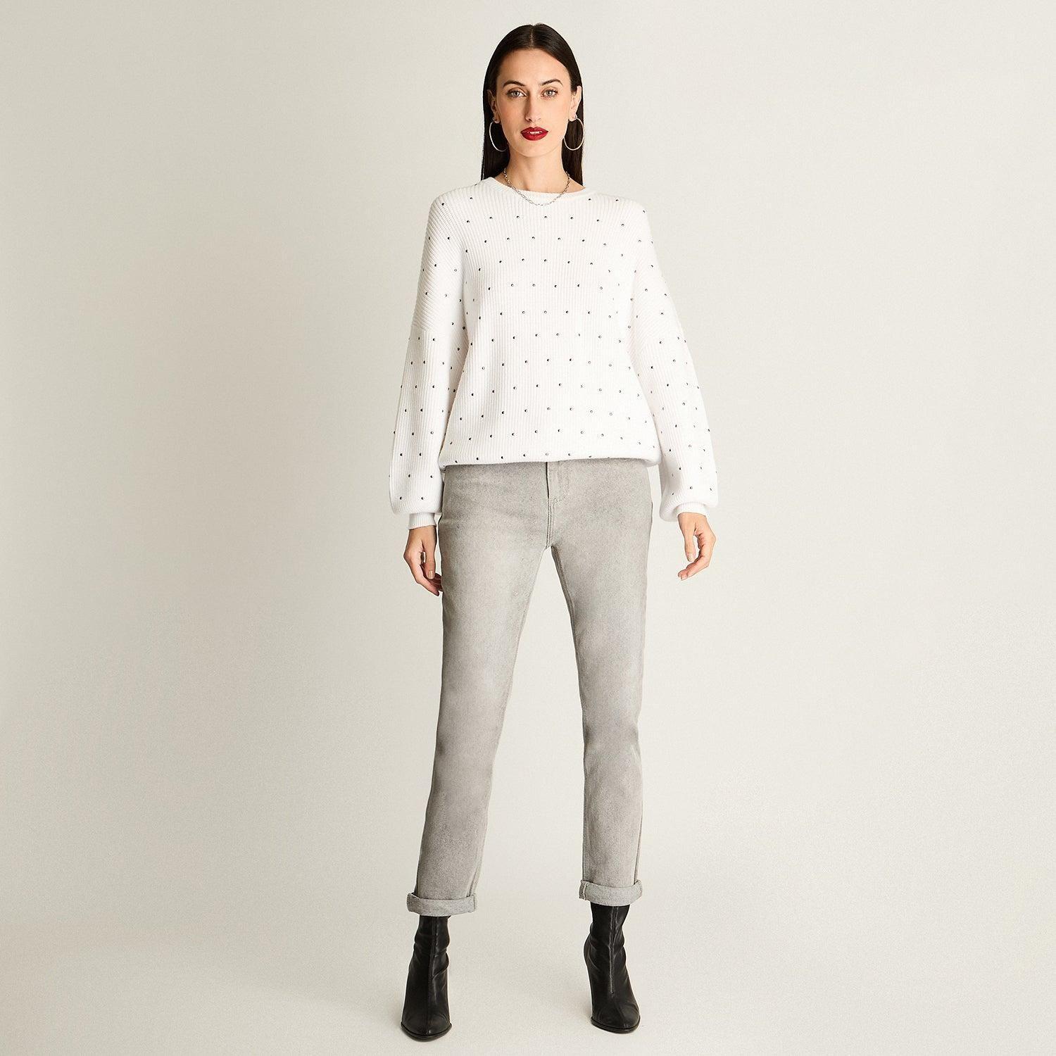 Tejido Cuello Mock Con Strass Blanco-3