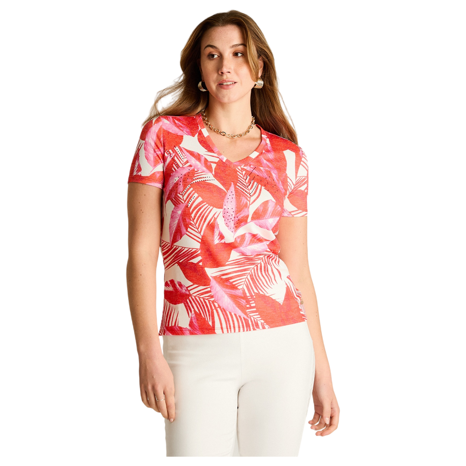 Polera Roja Estampado Tropical Elegante-0