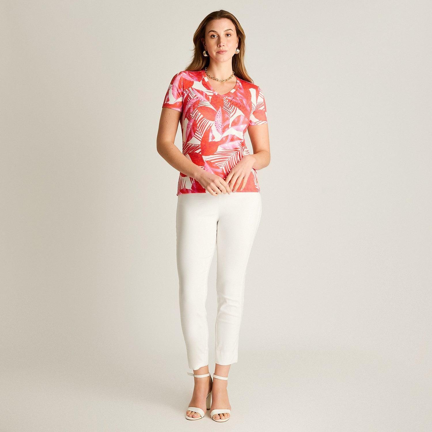 Polera Roja Estampado Tropical Elegante-3