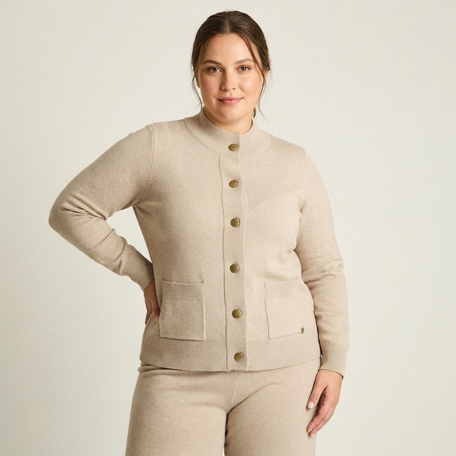 Cardigan Beige Manga Larga Elasticidad Media Sin Forro Calce Normal Tela Tejido-0