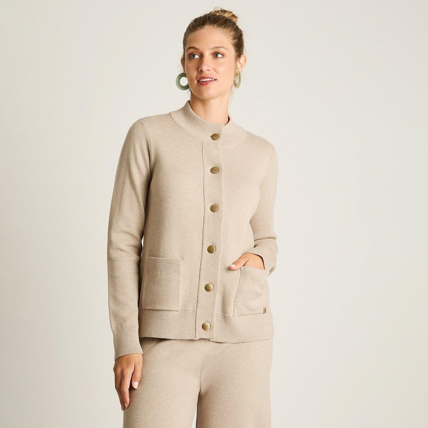 Cardigan Beige Manga Larga Elasticidad Media Sin Forro Calce Normal Tela Tejido-1