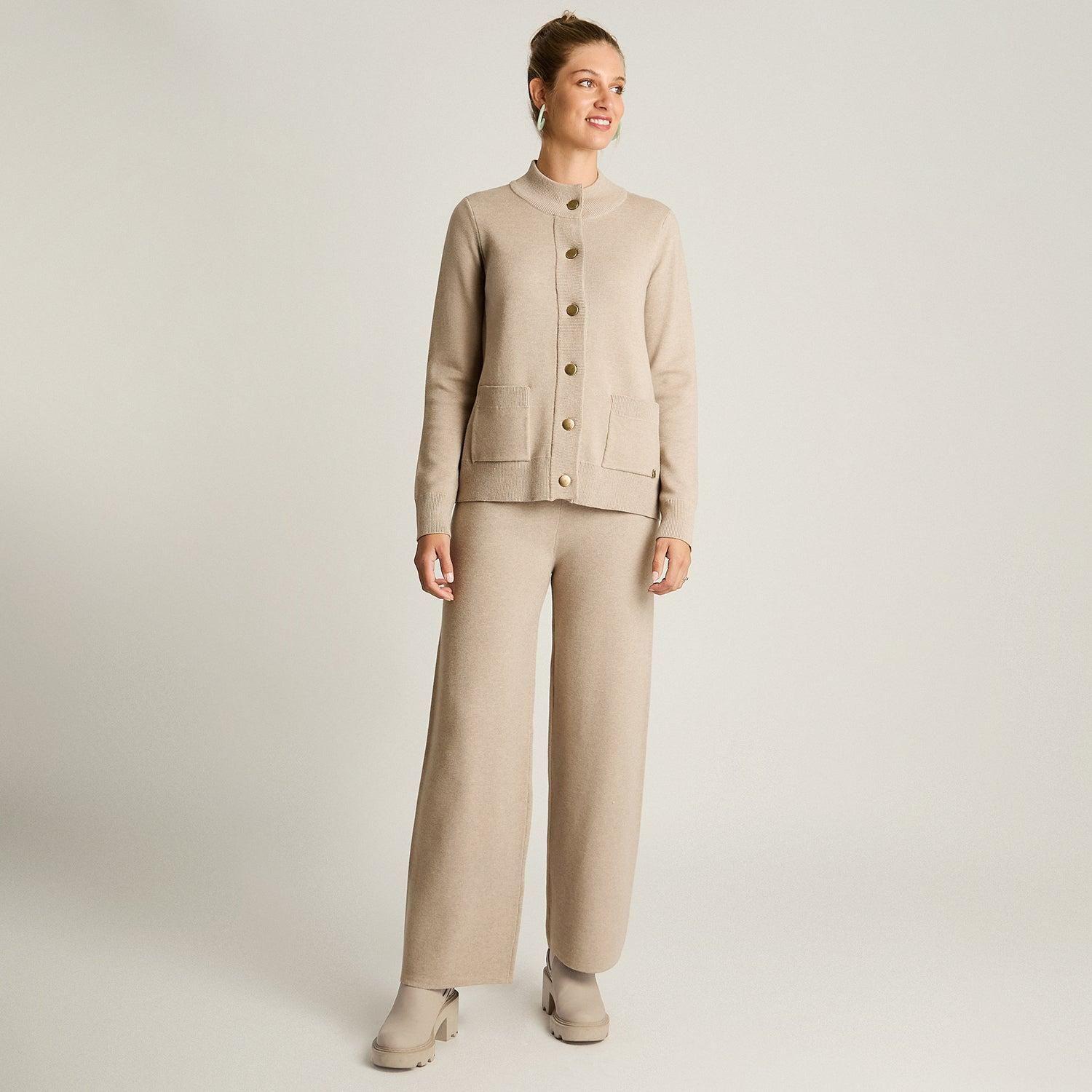 Cardigan Beige Manga Larga Elasticidad Media Sin Forro Calce Normal Tela Tejido-4