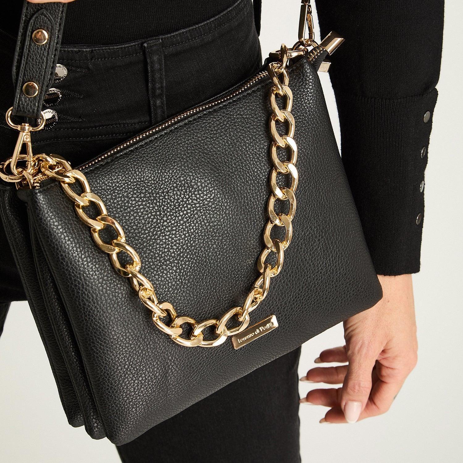 Cartera Triple Con Strap De Pu Y Cadena Negro-2