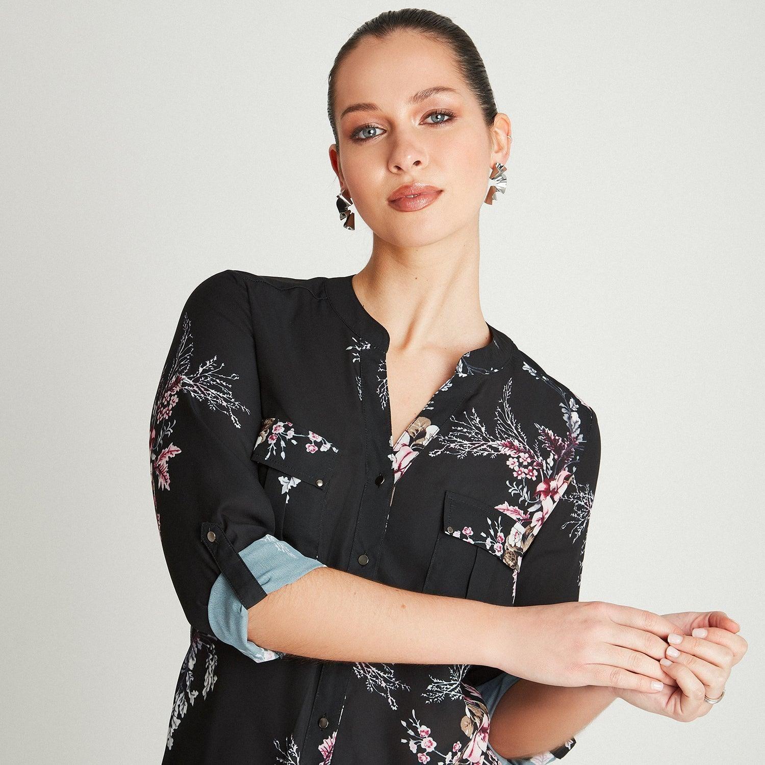 Blusa Negro Manga Larga Estampado Cuello Mao-2