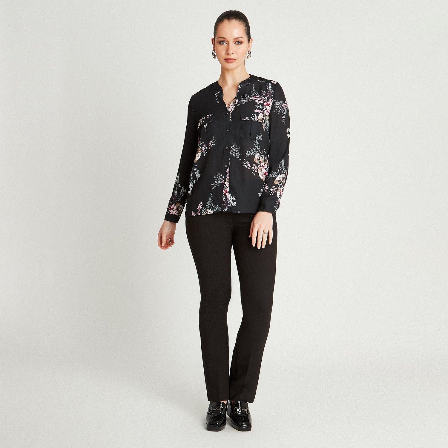 Blusa Negro Manga Larga Estampado Cuello Mao-3