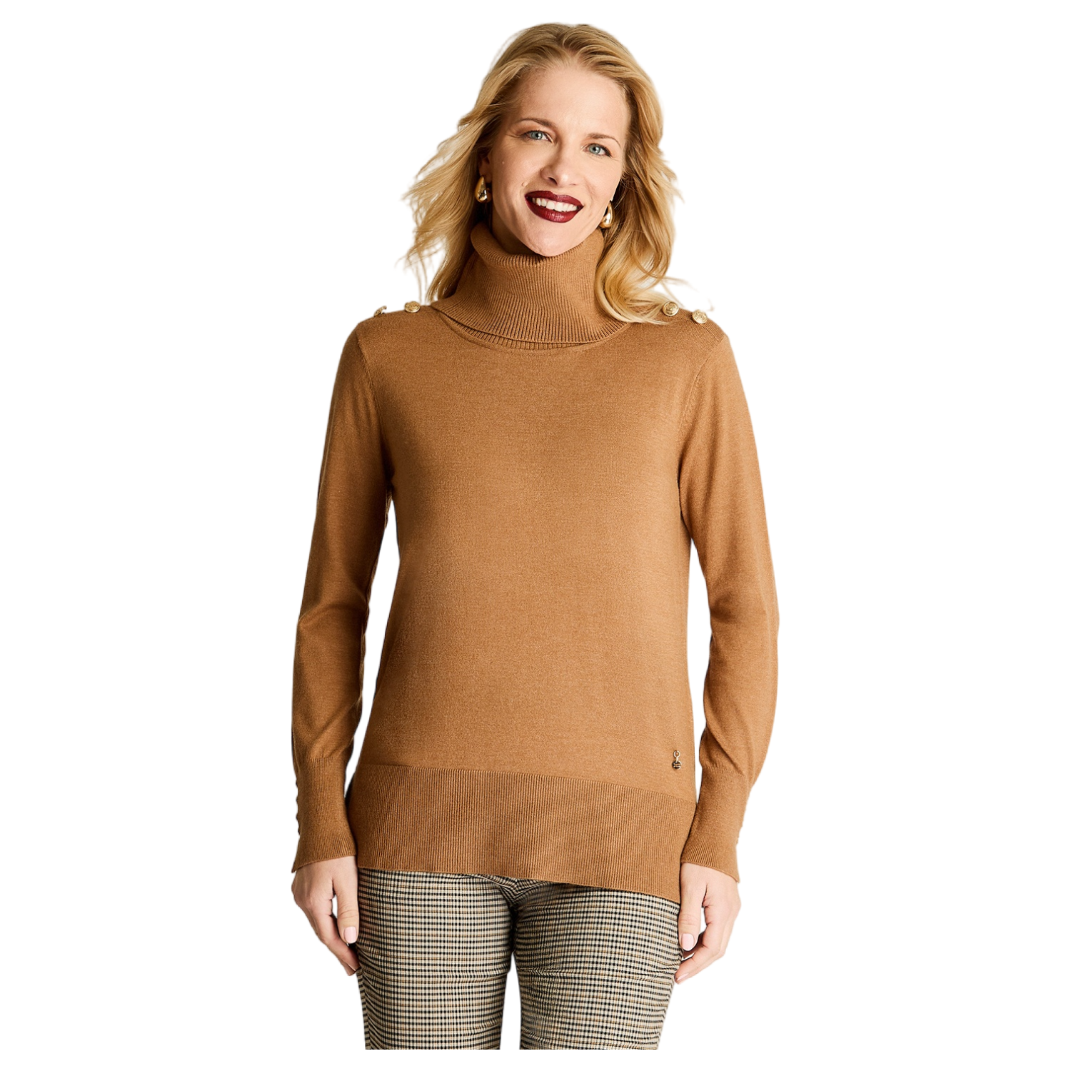 Sweater Manga Larga Cuello Alto Con Tachas Camel-4