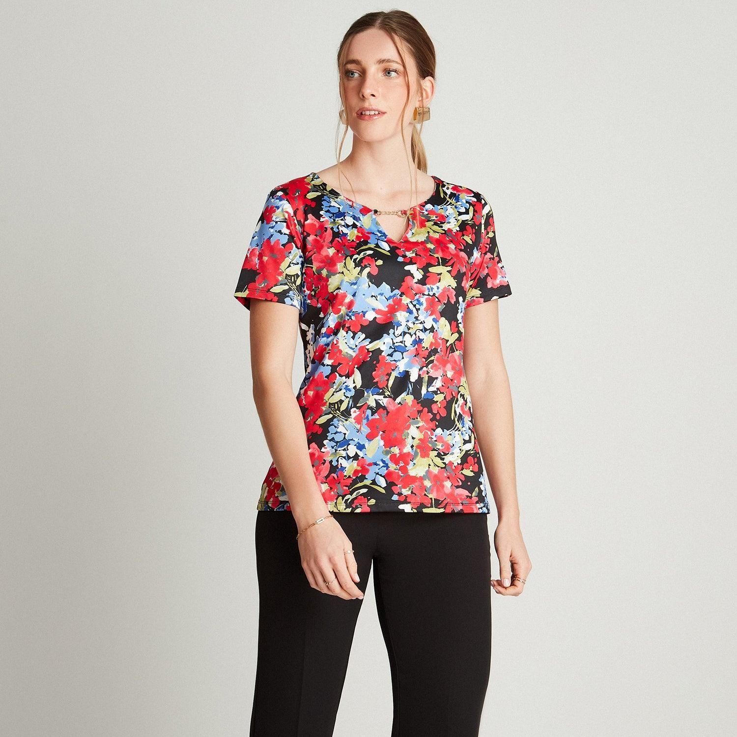Polera Manga Corta Estampado Floral Azul-0