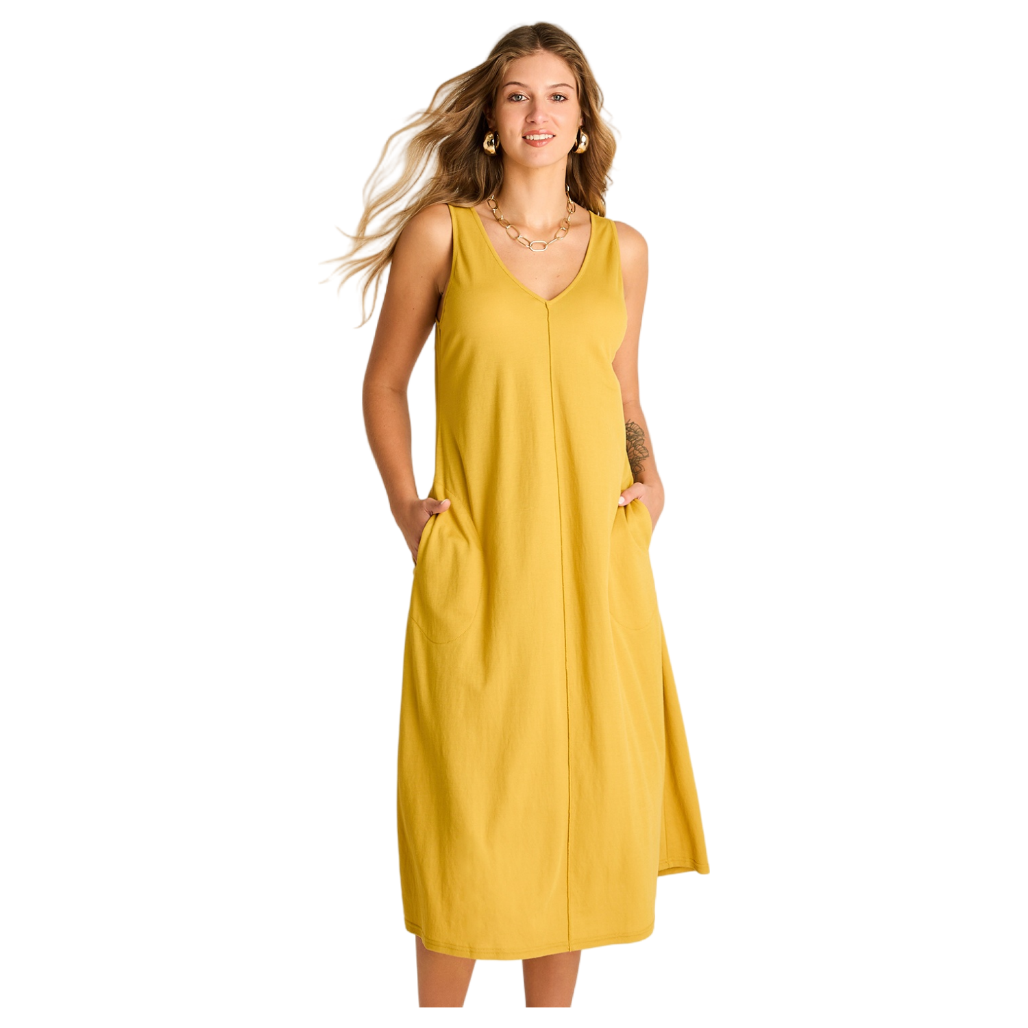 Vestido Midi Mostaza No Elasticado Sin Forro Calce Holgado-0