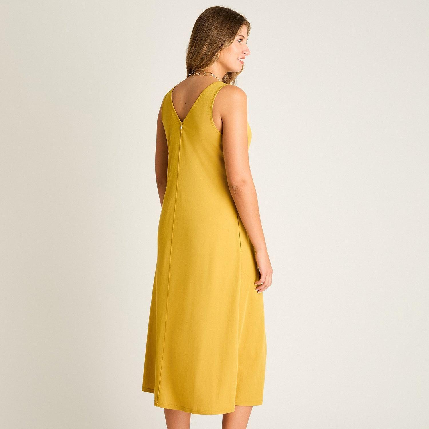 Vestido Midi Mostaza No Elasticado Sin Forro Calce Holgado-1