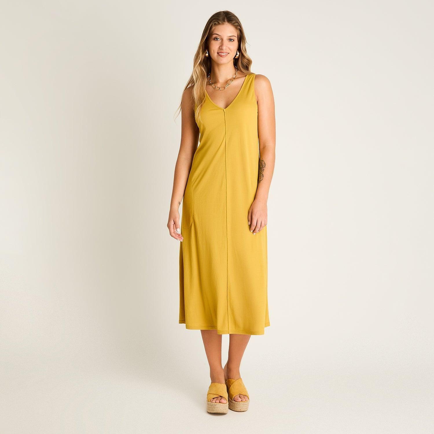 Vestido Midi Mostaza No Elasticado Sin Forro Calce Holgado-3