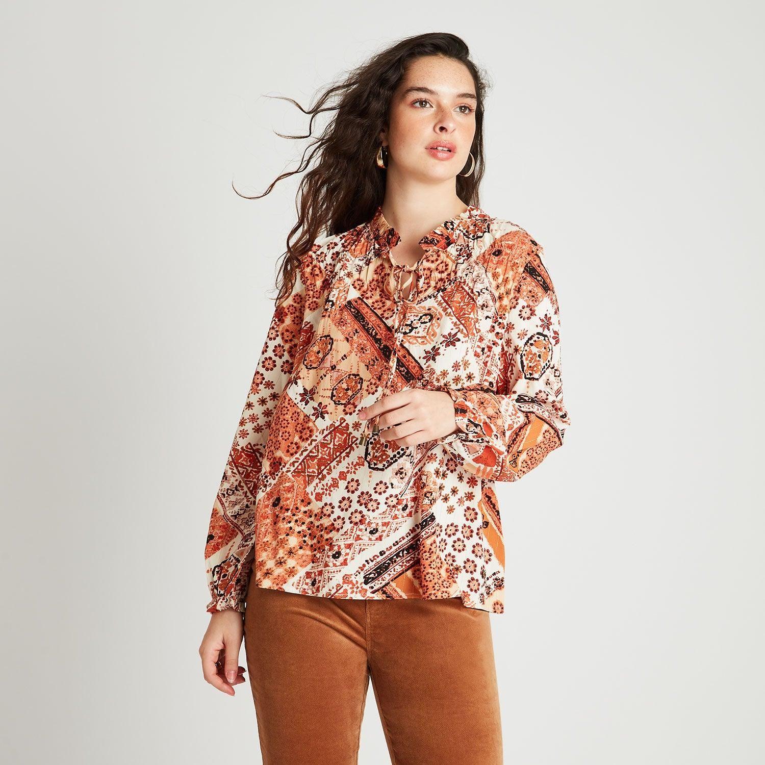 Blusa Con Lúrex Y Amarra En Escote Terracota-0