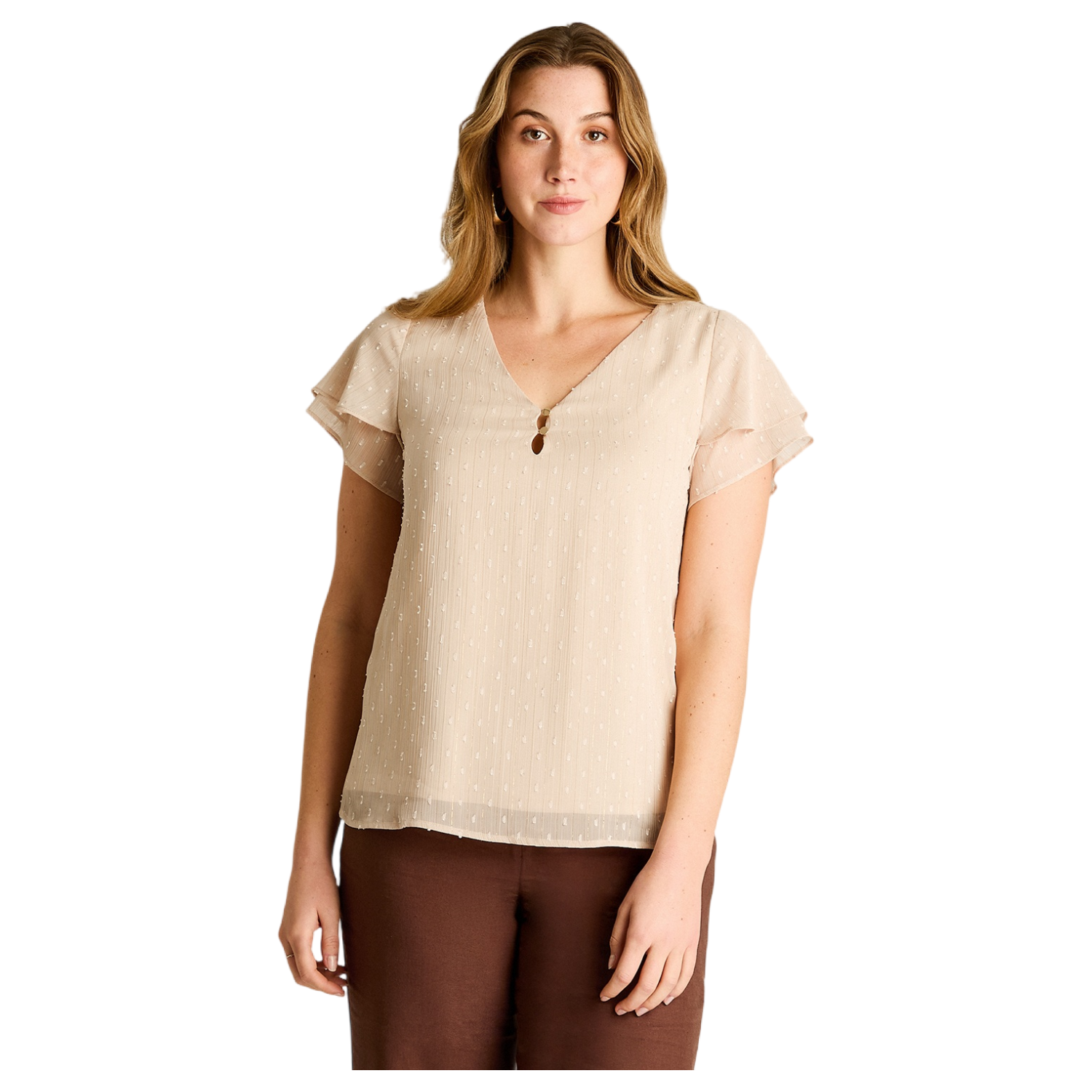 Blusa Beige Manga Corta con Detalle en Escote-0