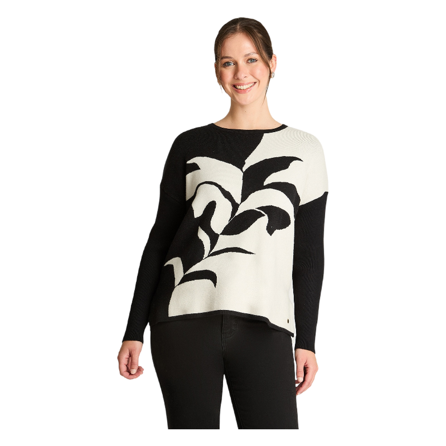 Tejido Jacquard Manga Larga Cuello Redondo Negro-0