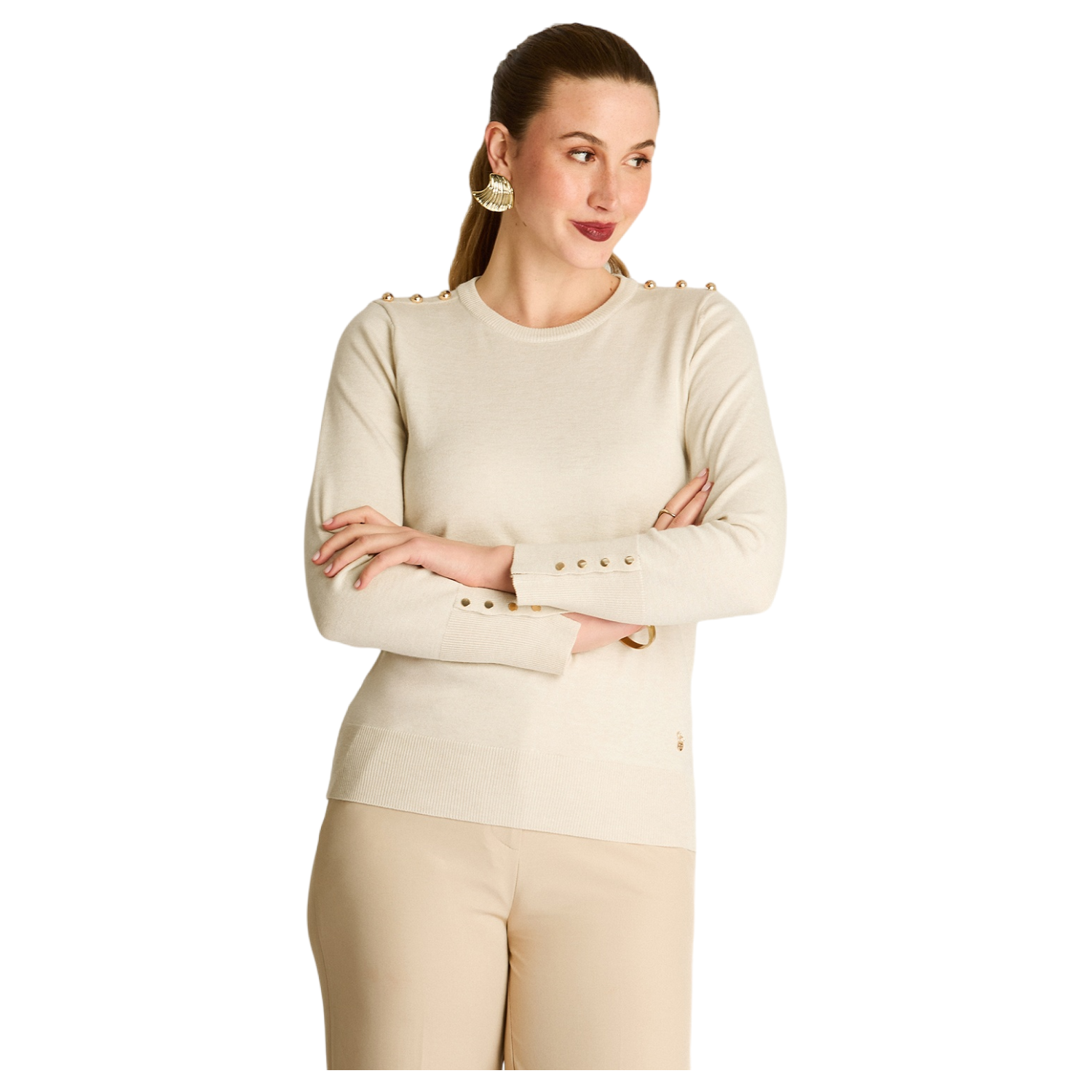 Sweater Arena Cuello Redondo con Botones en Hombros-0