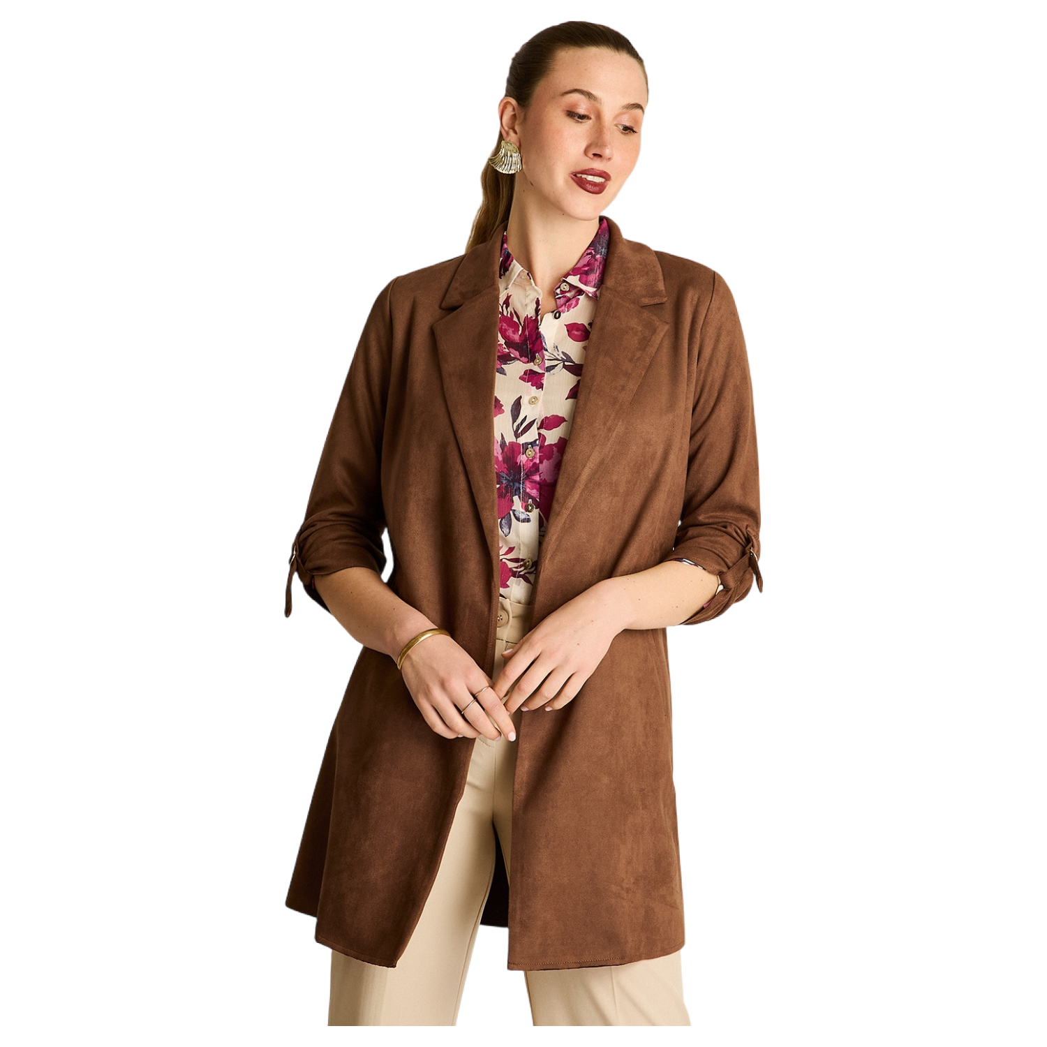 Chaqueta Suede Mujer Manga Roll Up con Bolsillos Café-0