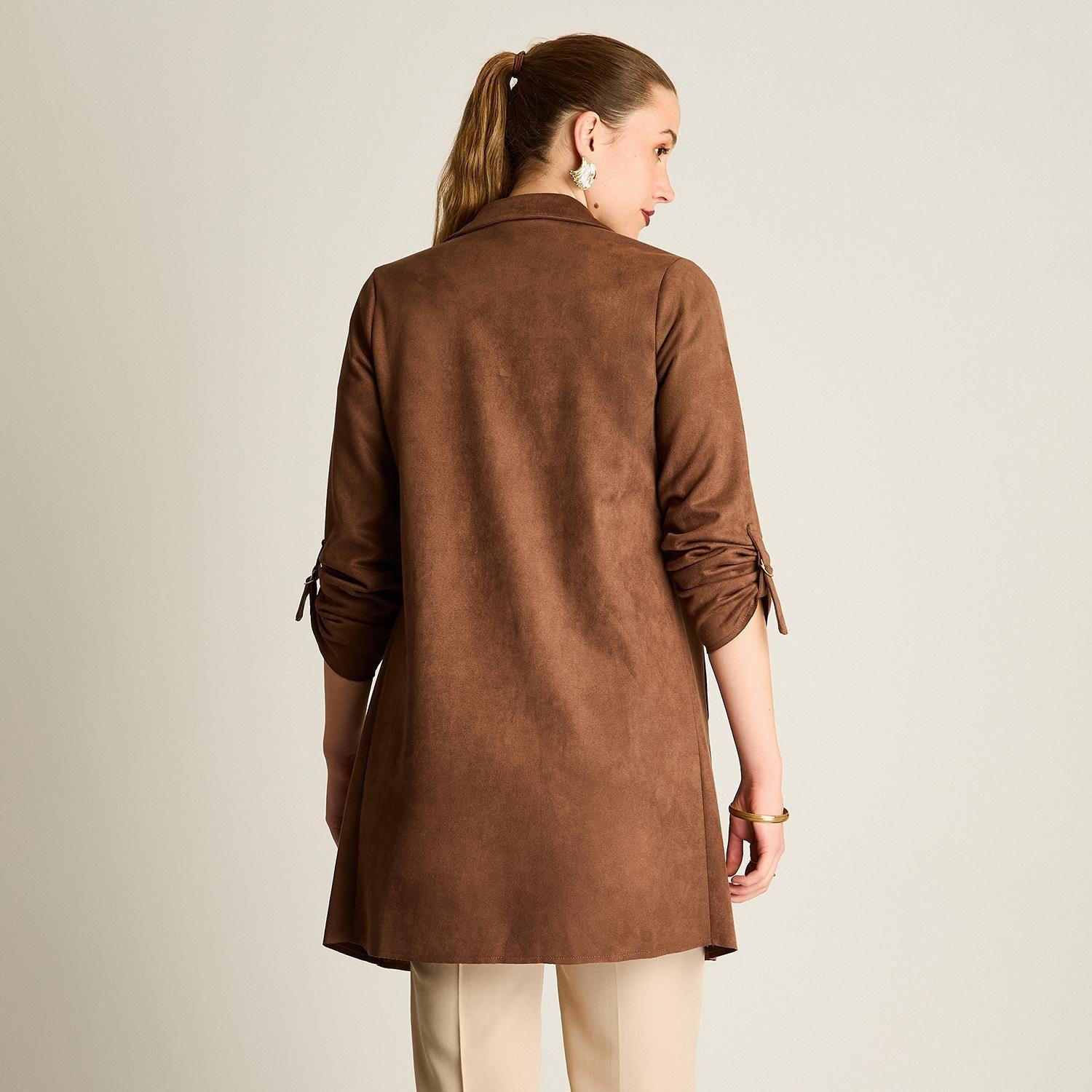 Chaqueta Suede Mujer Manga Roll Up con Bolsillos Café-1