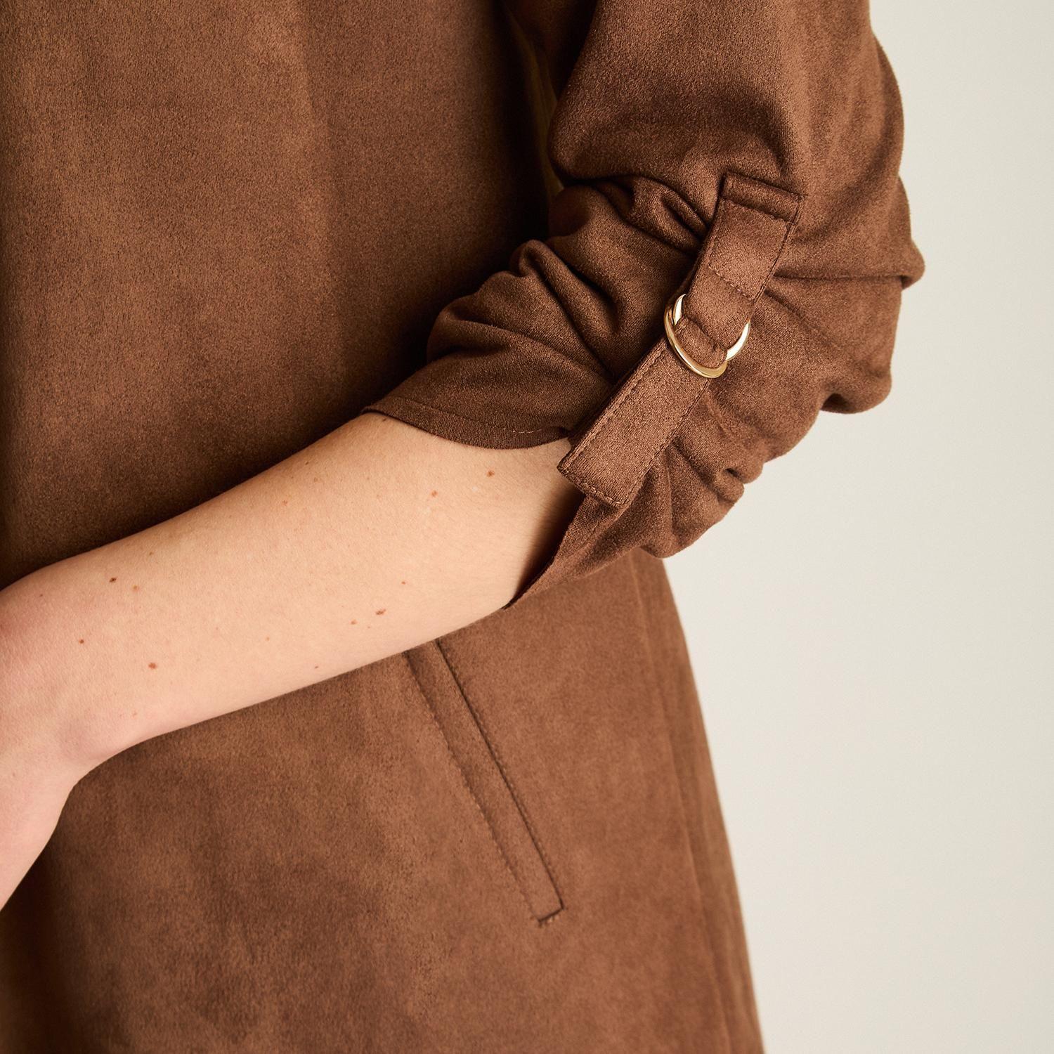 Chaqueta Suede Mujer Manga Roll Up con Bolsillos Café-2