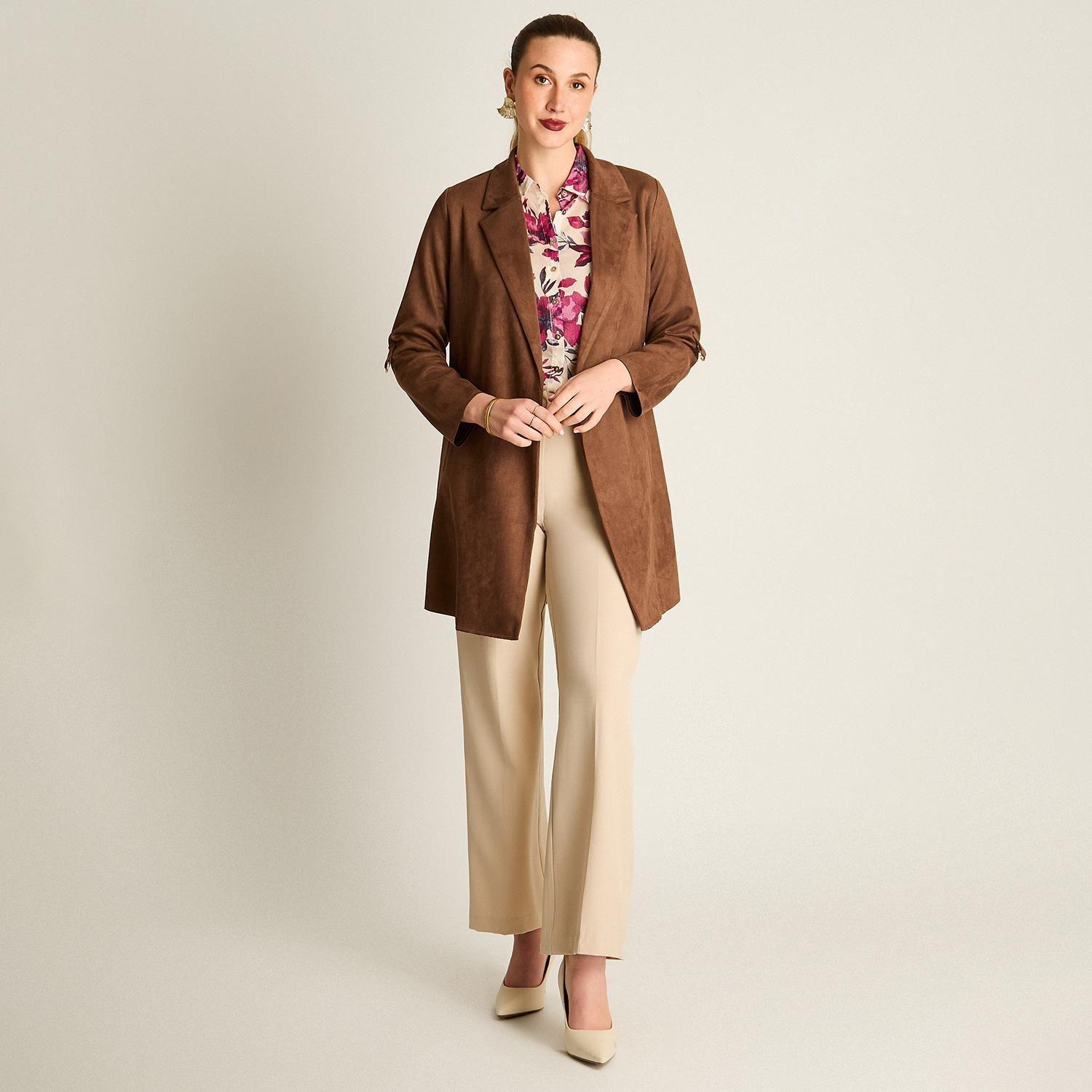 Chaqueta Suede Mujer Manga Roll Up con Bolsillos Café-3