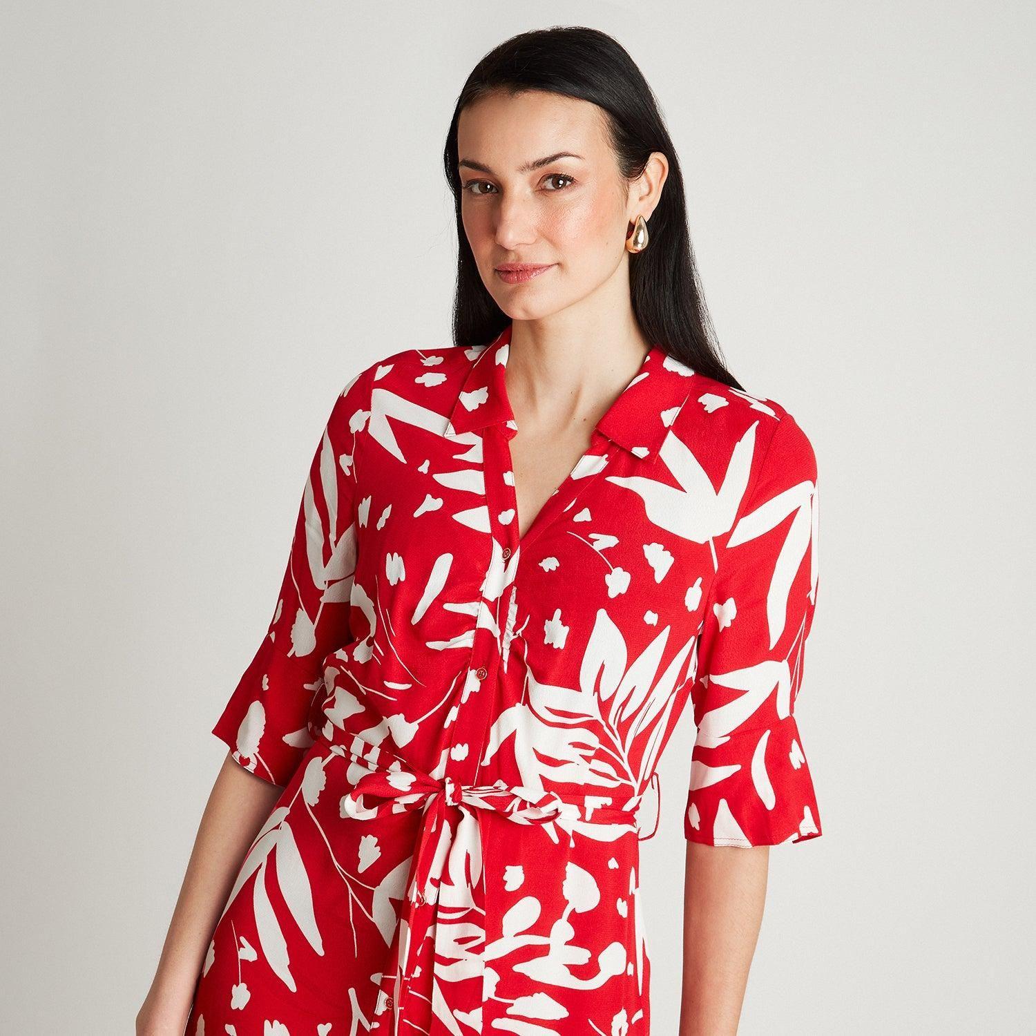 Vestido Midi Rojo Manga Codo Estampado Cuello Camisero-2