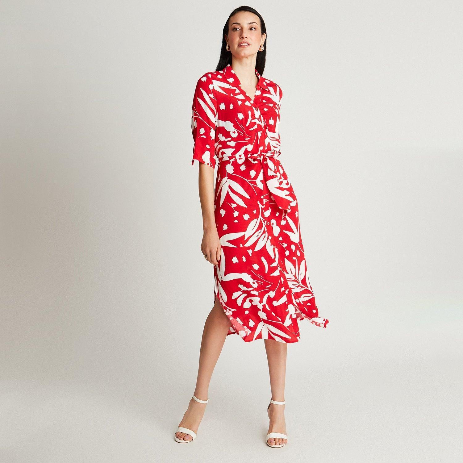 Vestido Midi Rojo Manga Codo Estampado Cuello Camisero-3